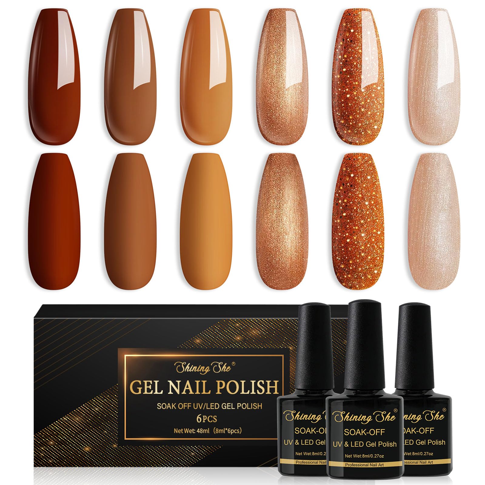 Sponsored Ad – Shining She Gel Nail Polish, 6 Colours Autumn Orange Brown Gold Glitter Gel Polish Set Soak-Off UV/LED Nail Polish Gift for Autumn Winter Halloween, 8ML