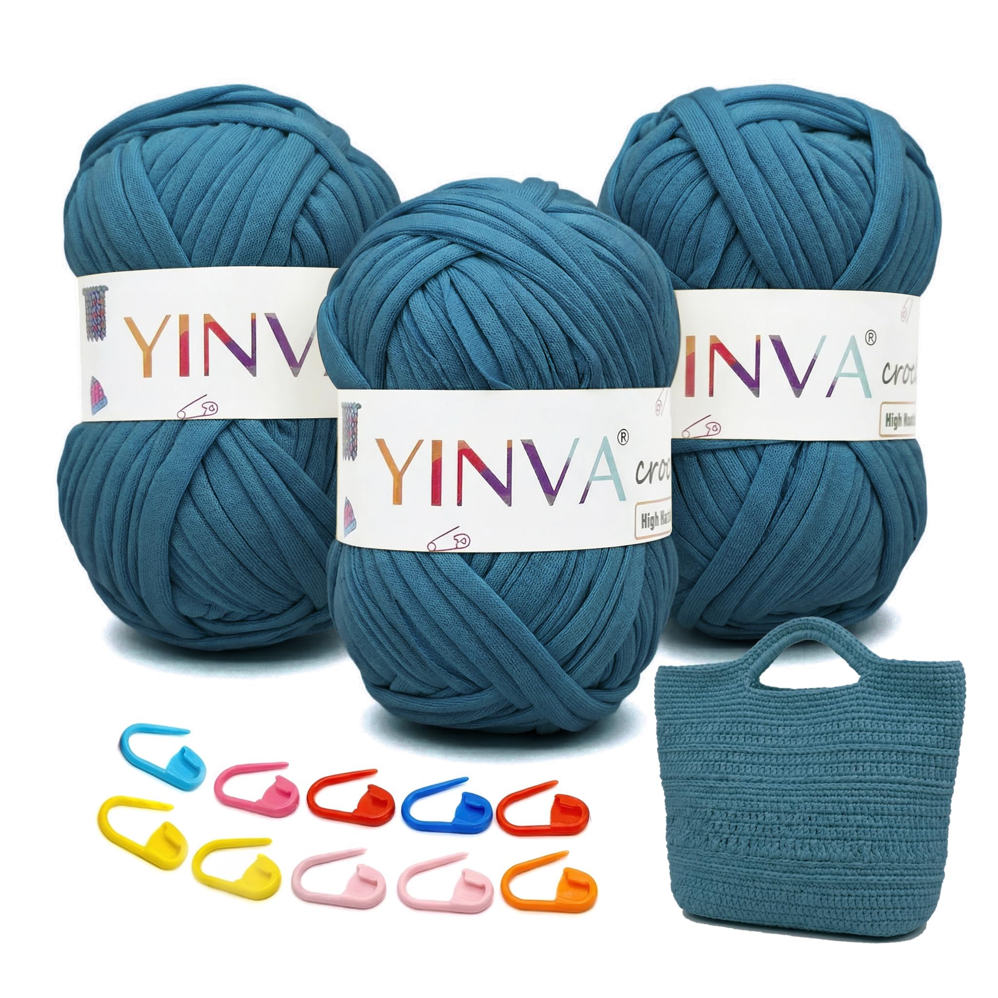 YINVA T Shirt Yarn 300g, Tshirt Yarn for Crocheting in Multiple Color, Perfect Relaxing, Rewarding Thick Yarn for Beginners, Soft, Stretchy, Elastic Knitting Yarn with Stitch Markers for Bags, Baskets