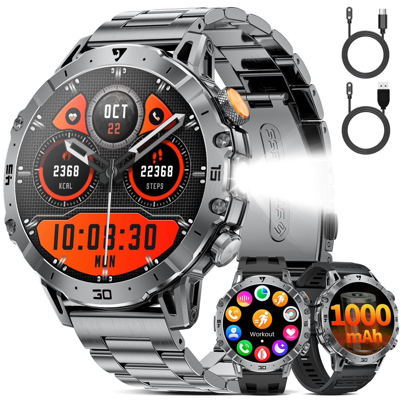 SUNKTA Smartwatch Herren 1000 mAh großer Akku 1,7″ HD Bluetooth Anrufe Männer Smartwatch für iOS Android mit LED Taschenlampe,Herzfrequenz/Schlafmonitor/Schrittzähler,3 Armbänder,2 Ladegeräte,Grau