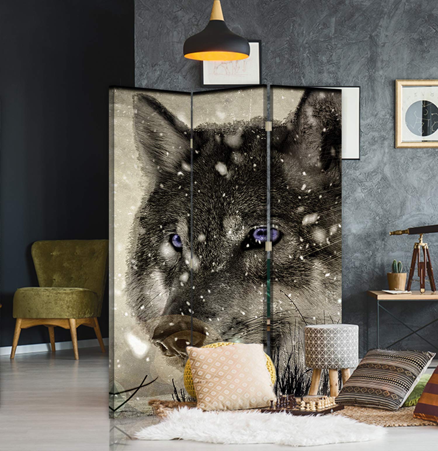 Paravent déco à Inversion de Sens Tête de Loup 3 Panneaux Yeux Gris 110x175 cm