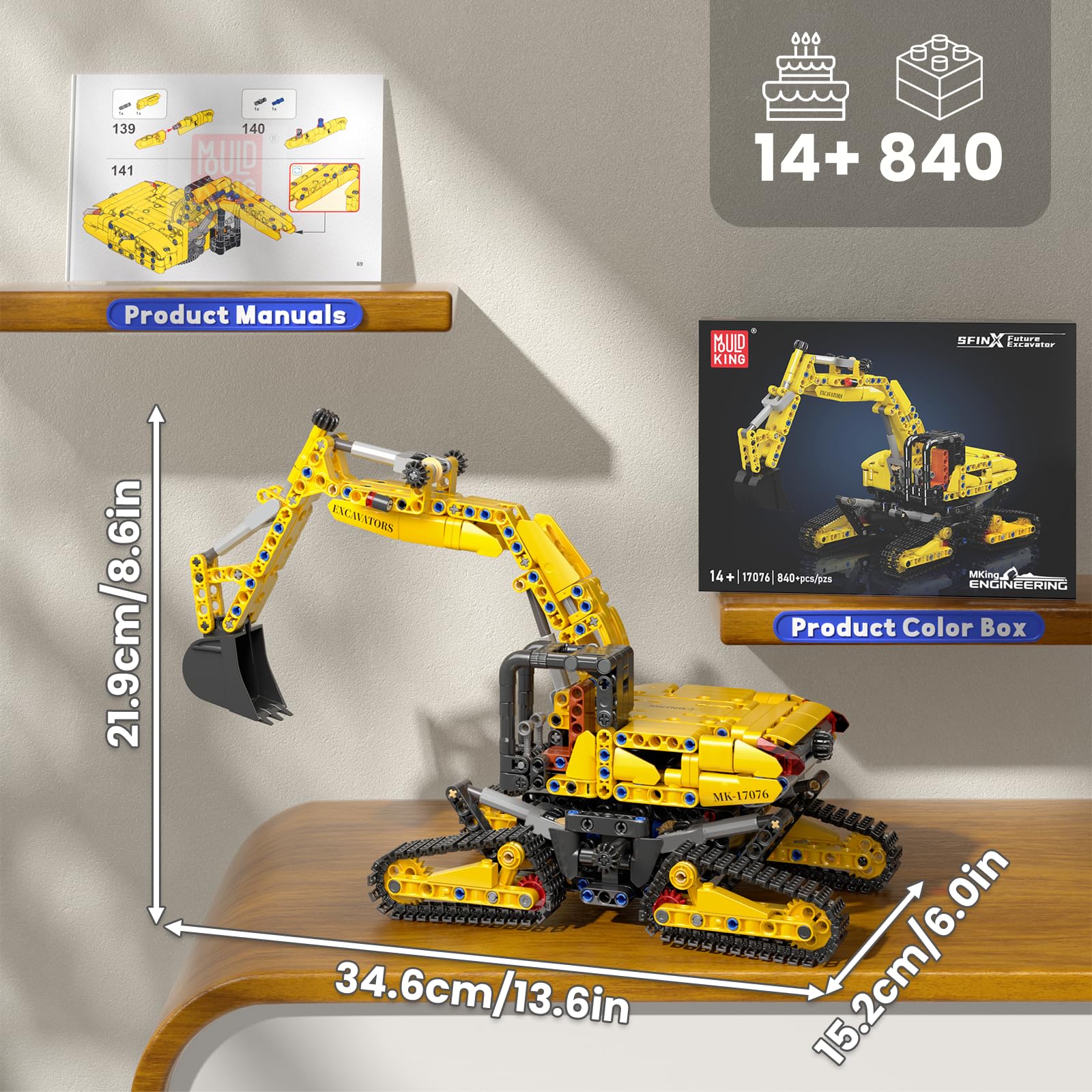 Mould King 17076 - Modello di escavatore cingolato in mattoncini da costruzione, modello SFINX, 840 pezzi, Klemmbausteine STEM, regalo per adulti