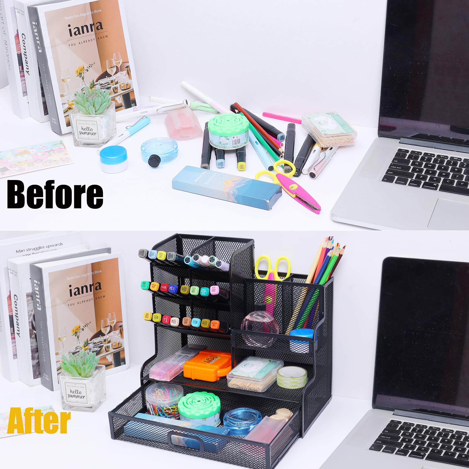 Organizzatore portapenne a rete con cassetto, portamatite multifunzionale per scrivania, organizer da scrivania e accessori per ufficio scuola (S)