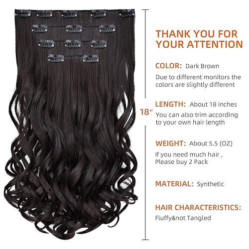 Miniatura 2 de Extensión de cabello castaño oscuro, extensiones de cabello con clip, de 18 pulgadas, ondulado, sintético, 5.5 onzas, HSPCYGG de 22 pulgadas,