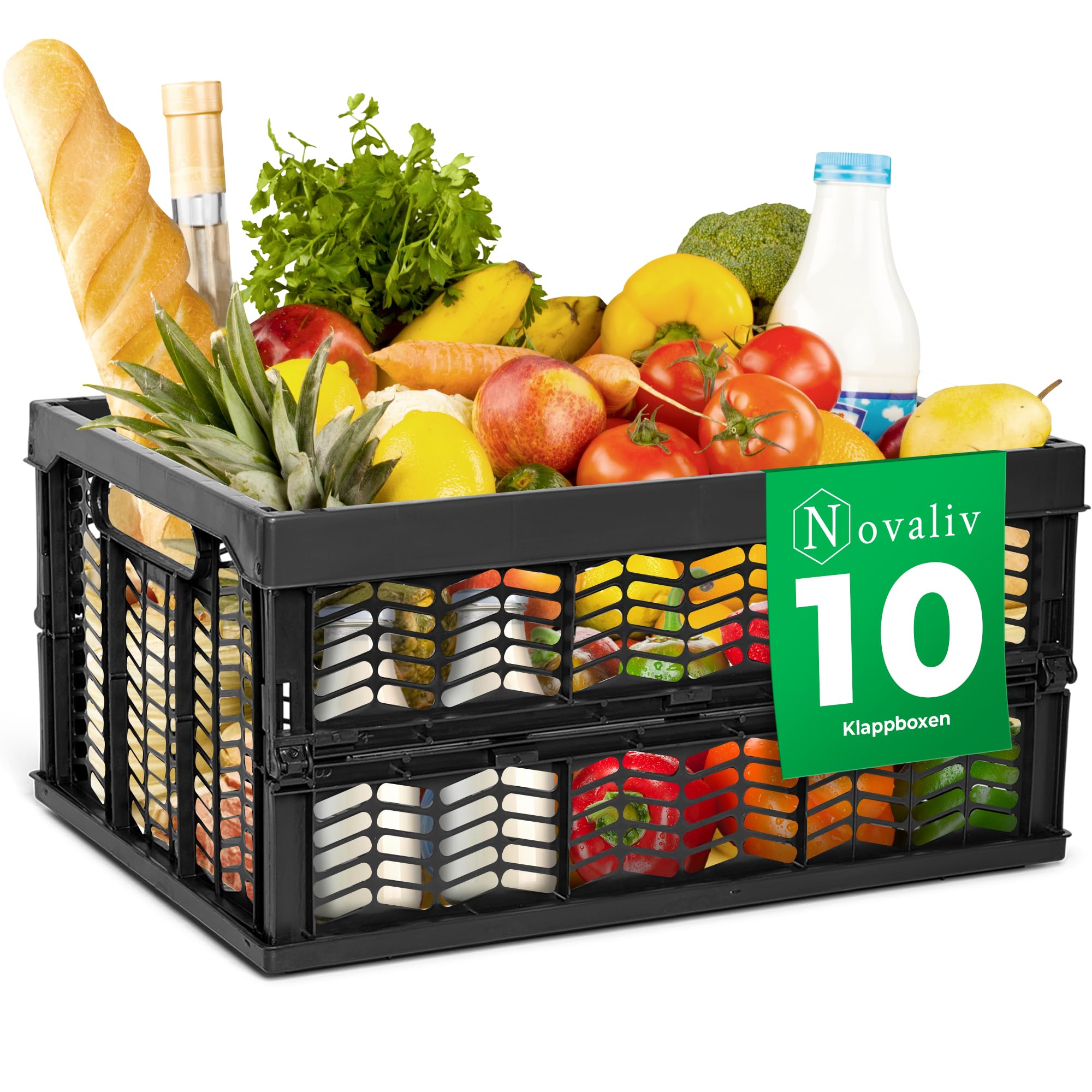 Novaliv Scatole pieghevoli stabili, 10 x 30 l, colore nero, nero, set di scatole per la spesa, cestino per la spesa