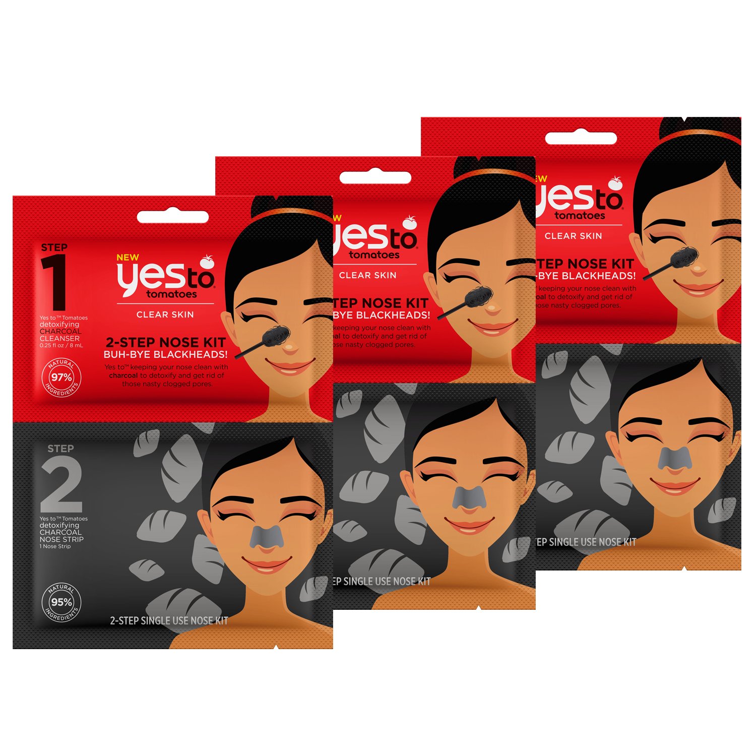 YES TO Tomatoes Charcoal 2-Step Nose Kit: Buh-Bye Clogged Pores! X3, 3 Pack, 1025120