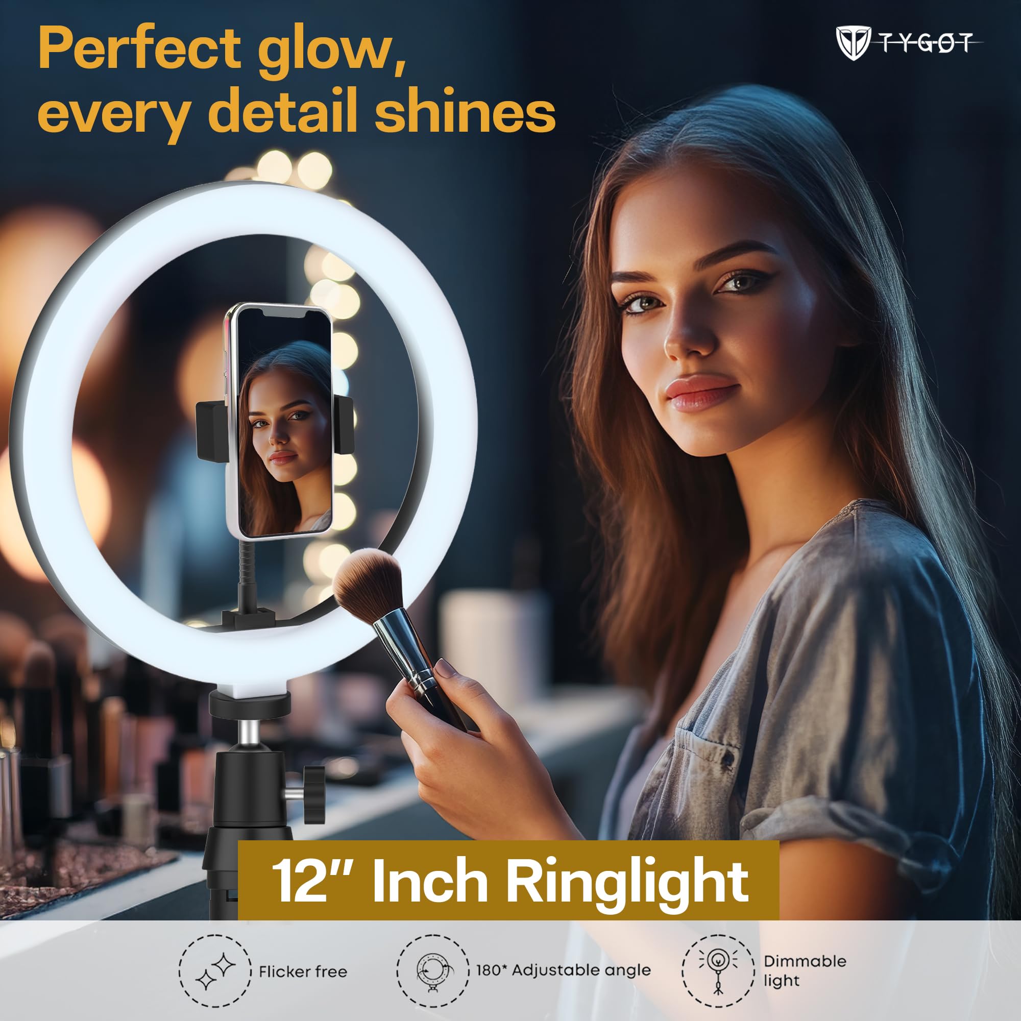 Tygot 12-Inch Ring Light with Adjustable Tripod Stand & Phone Holder, 3 Color Modes & 10 Brightness Levels, USB Powered LED Light for Makeup, YouTube, Photography, Zoom & Live Streaming — Amazon image 2