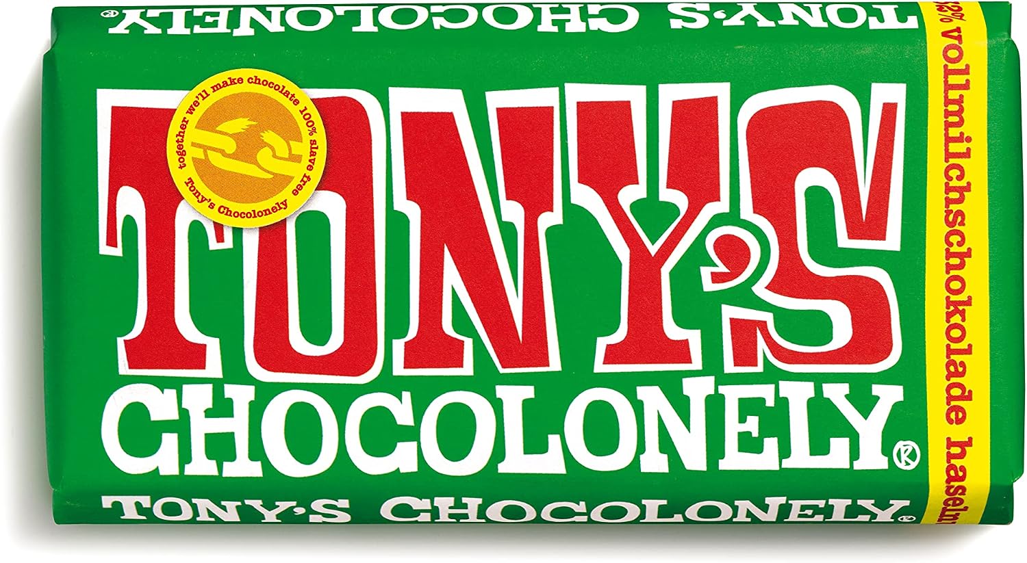 TONY'S CHOCOLONELY Czekolada pełnomleczna orzech laskowy 180 g - Fairtrade czekolada z kawałkami orzechów laskowych. Bez oleju palmowego, wyprodukowana w Belgii