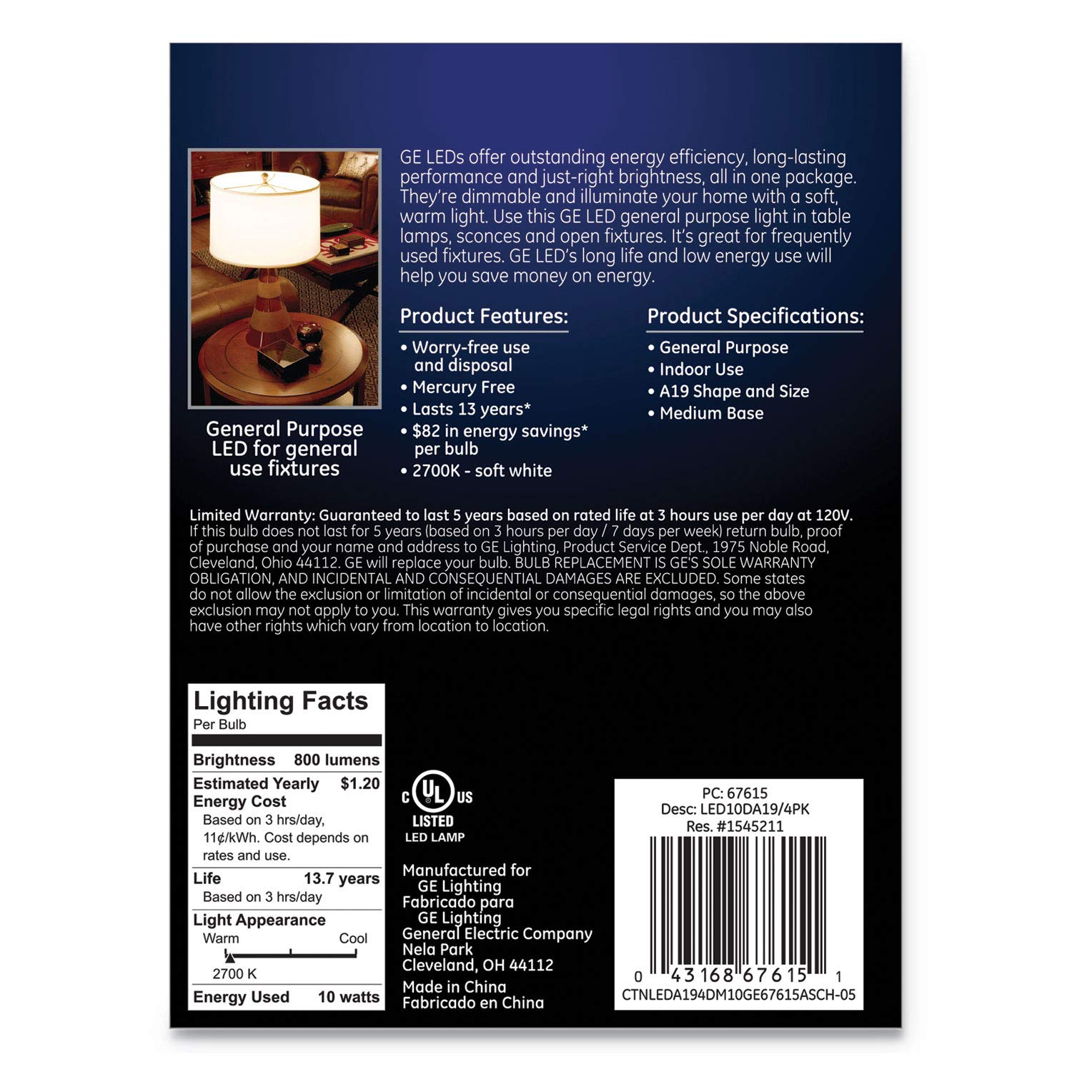 GE 67615 LED Soft White A19 Dimmable Light Bulb, 10 W, 4/Pack