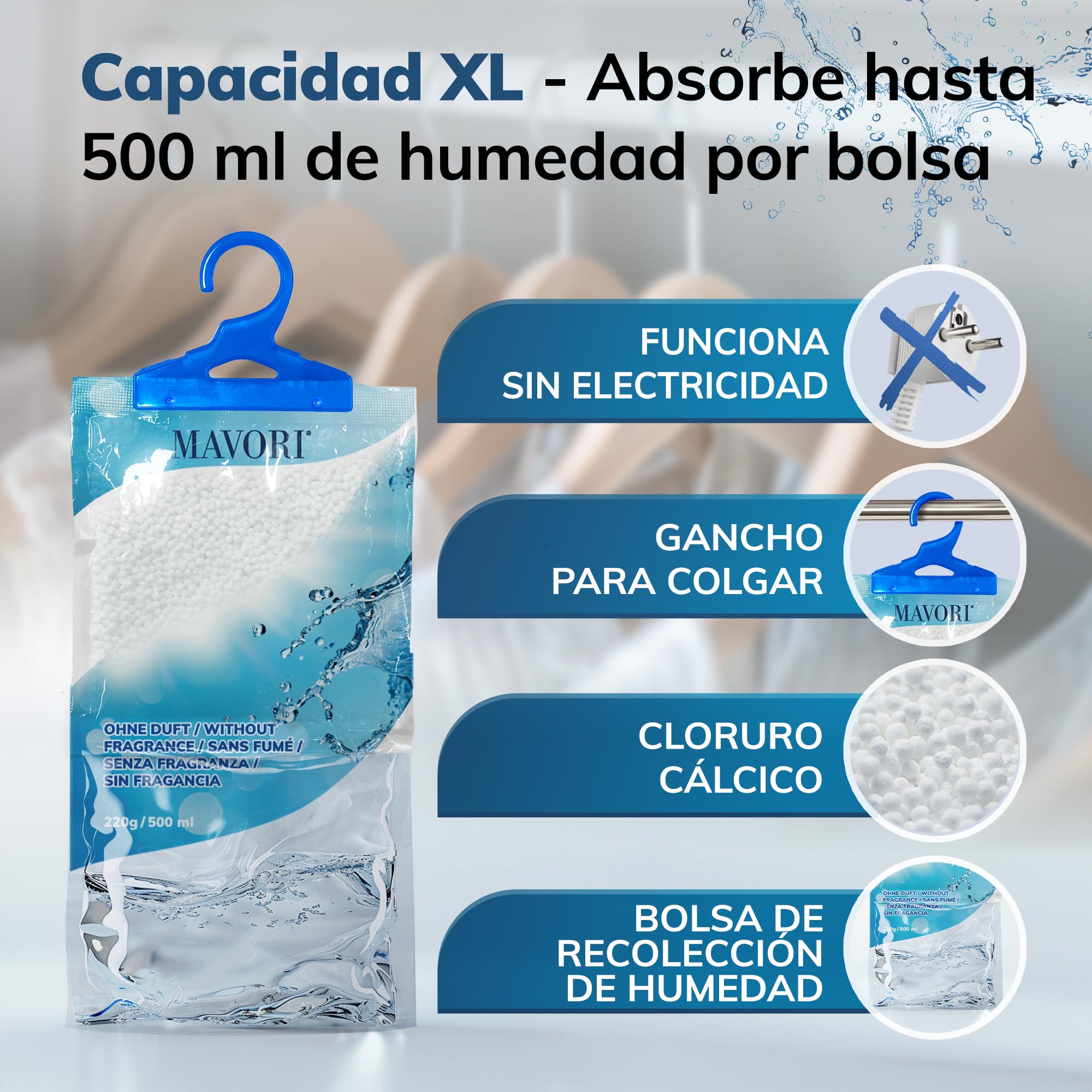 Juego de 10 deshumidificadores XL para colgar I bolsas deshumidificadoras I armario deshumidificador y absorbentes de humedad para habitaciones contra la humedad, el moho y los olores