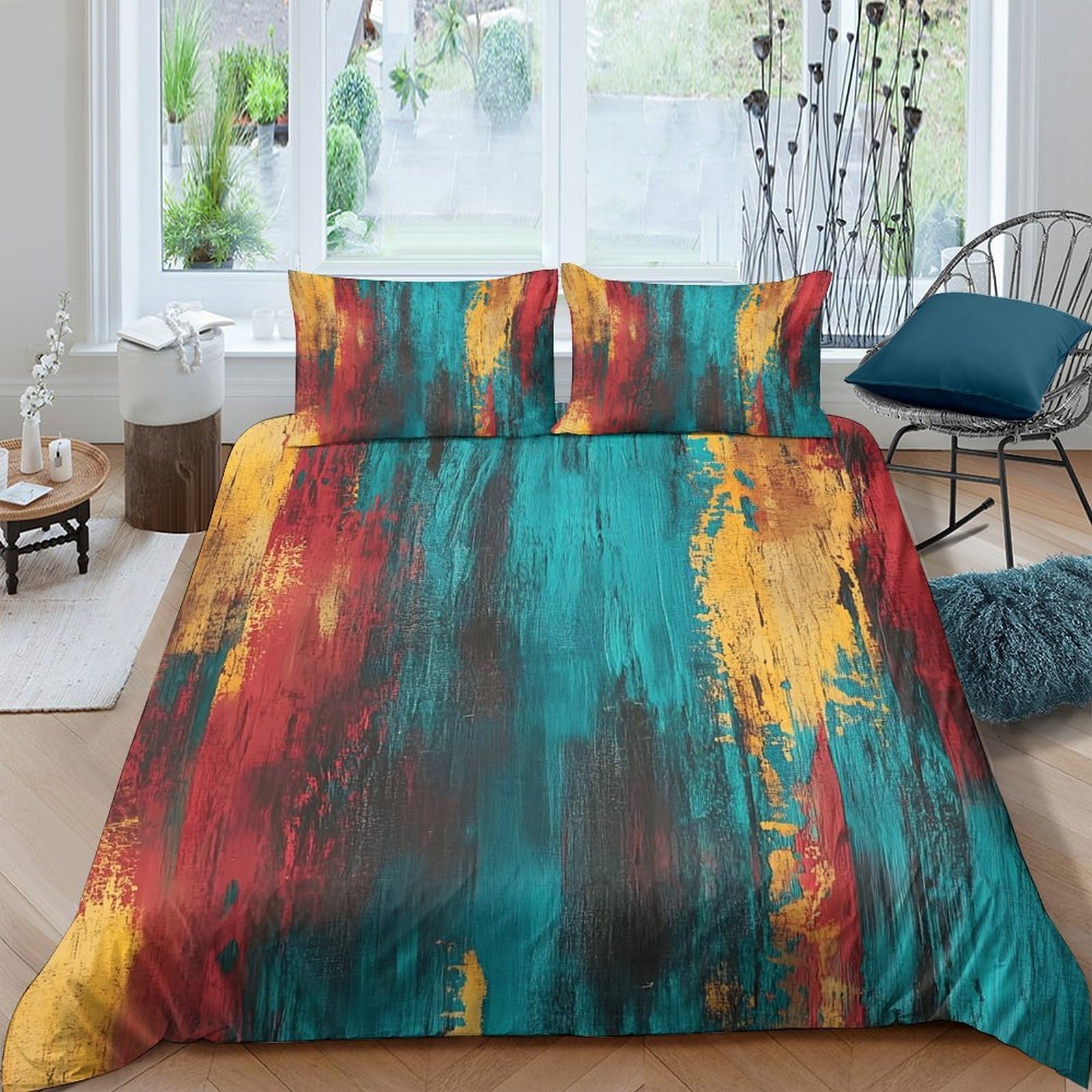 Ctjqhvkz Style-3 3D Printed Abstract Brushstroke Fitted Sheet Microfiber Soft Yellow Red Blue Mattress Cover For Bedroom Home Décor Single（135X200cm）