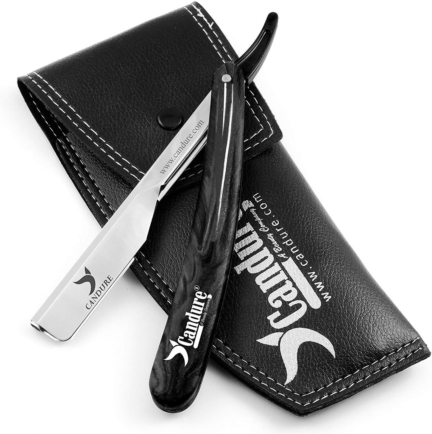Candure Straight Razor for Men - Cut Throat Open Razor for Smooth Manual Shaving Professional Single Disposable Blade Barber Tool - Gift for Men with Leather Pouch(Black)
