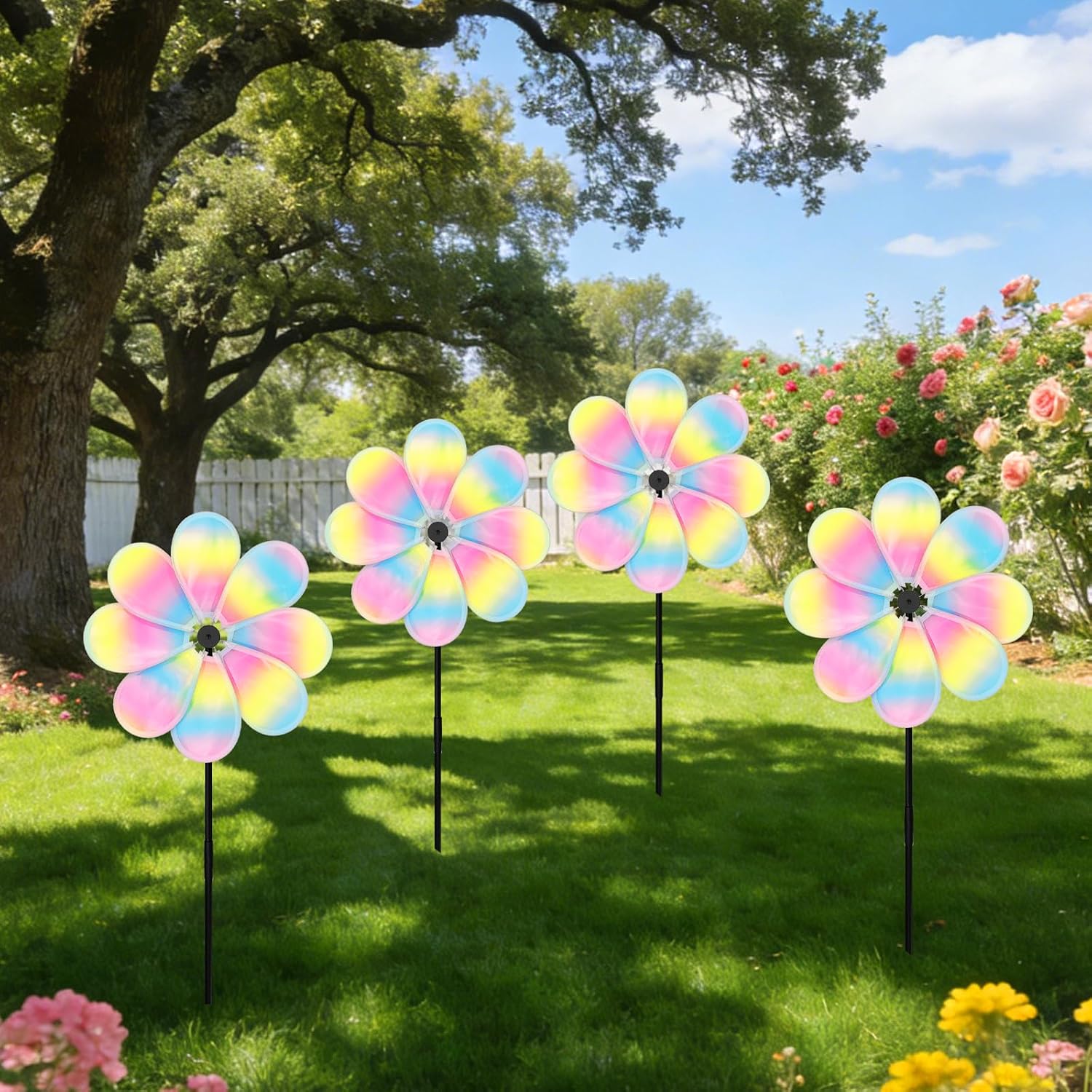 12.4inch Iridescent Garden Windmill, 4PCS Whirligigs Windmill, DIY Pinwheel, Decoration Wind Spinner, Plastic Windmill Wheel, Outdoor Courtyard Lawn Spinner