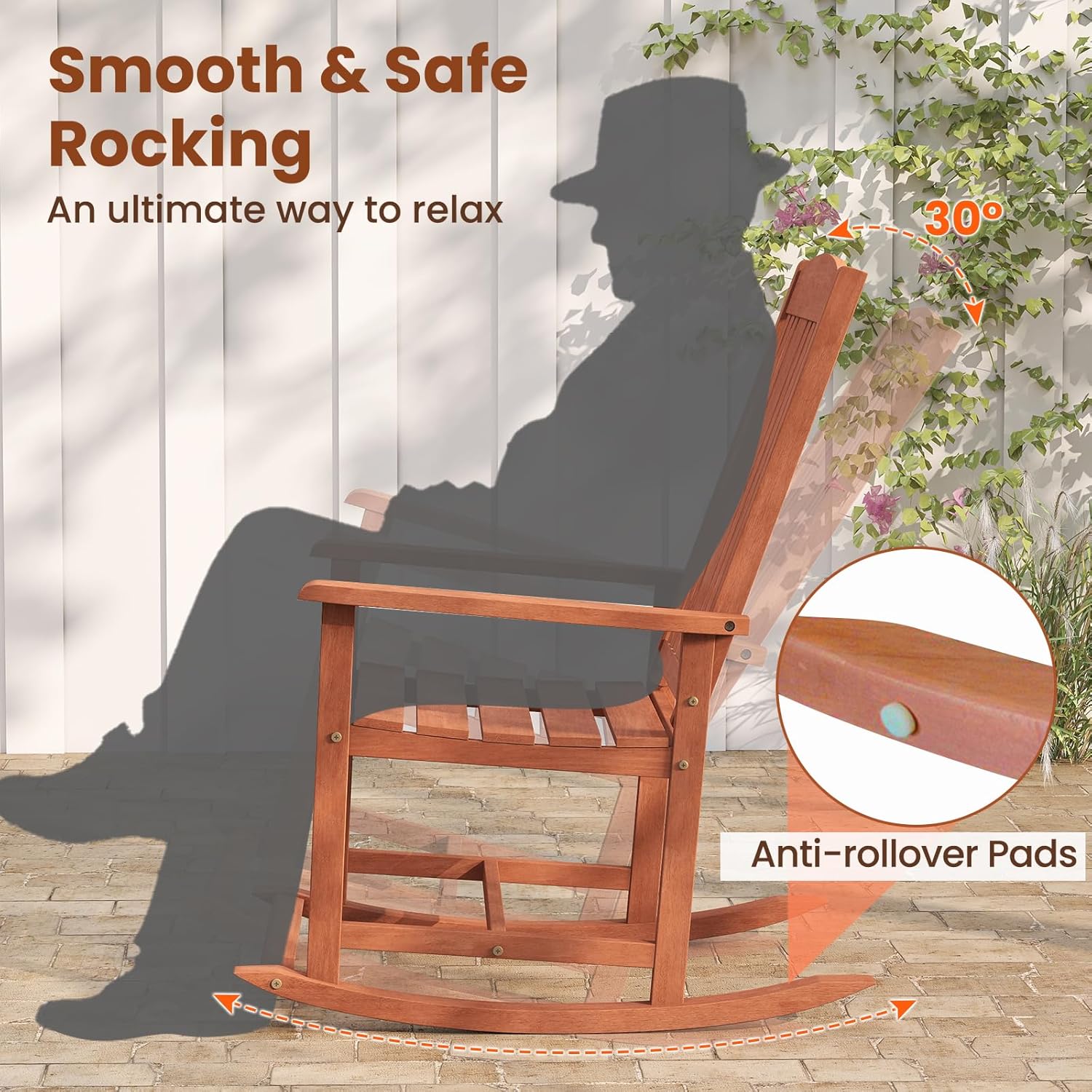 Tangkula Outdoor Patio Wood Rocking Chair, Relaxing Rocker w/High Backrest, Wide Armrests, Curved Seat, for Porch, Patio, Garden, Backyard, 400 LBS Support, Natural (1)