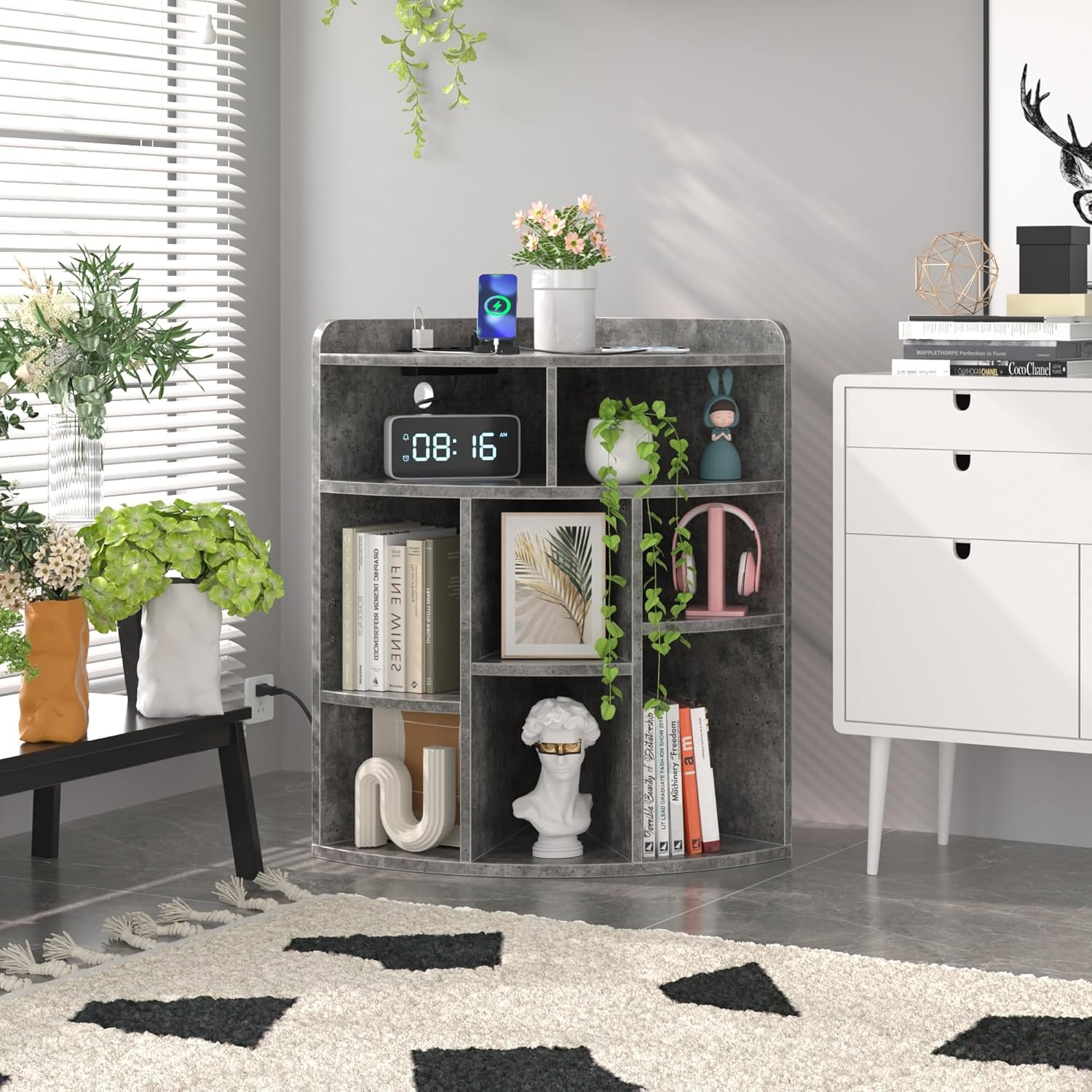 VECELO Corner Cube Shelf with USB Ports & Outlets, Modern Corner Toy Storage Rack with Adjustable Shlef, Wooden Display Bookshelf Bookcase for Living Room, Bedroom, Dining Room, Kitchen, Gray