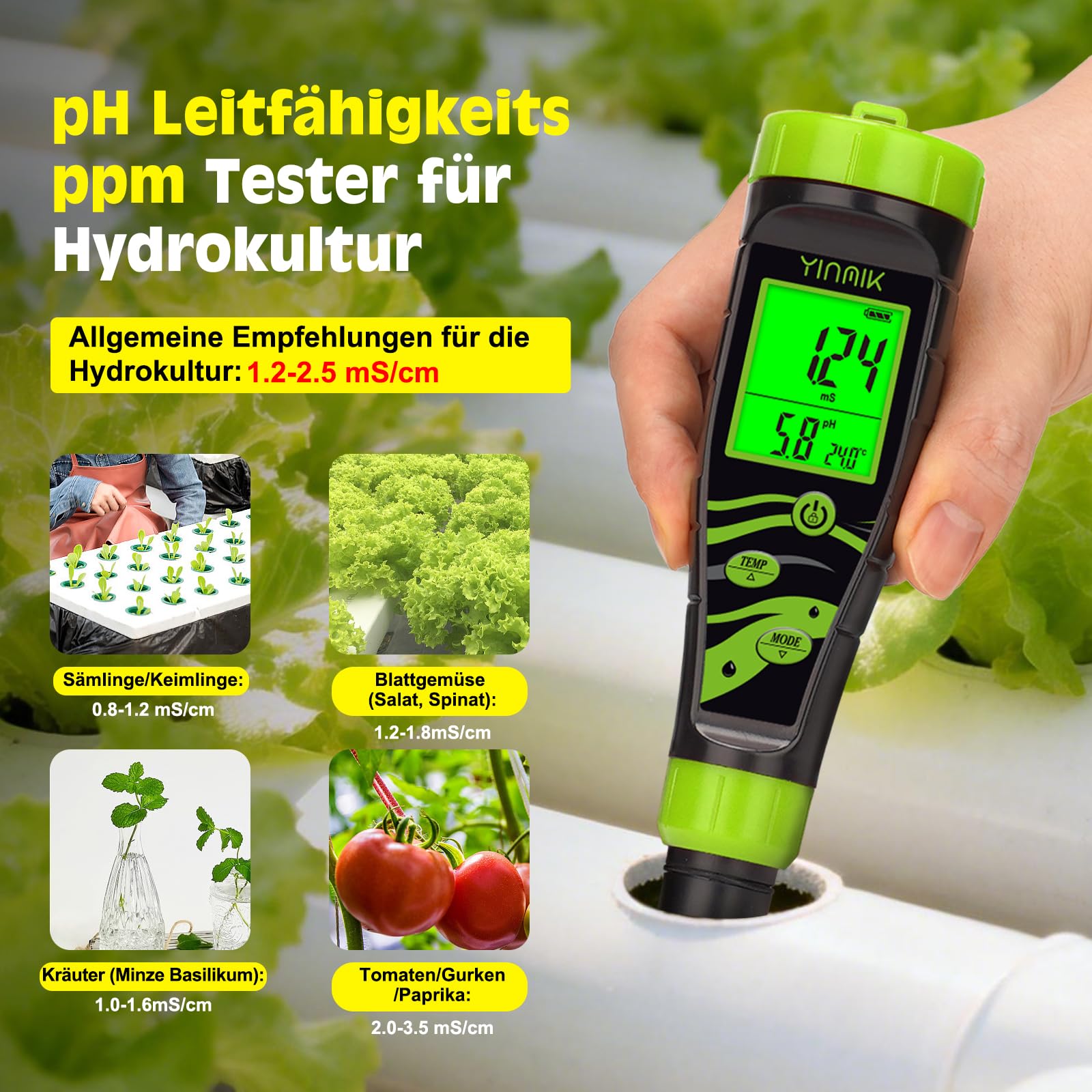 YINMIK 5 in 1 pH Messgerät Wasser, Pool pH Messgerät, Digitales pH EC Messgerät, Salzgehalt pH Tester, pH Leitfähigkeit Messgerät Grow, pH Salz EC TDS Temp Tester für Hydrokultur Trinkwasser Aquarium