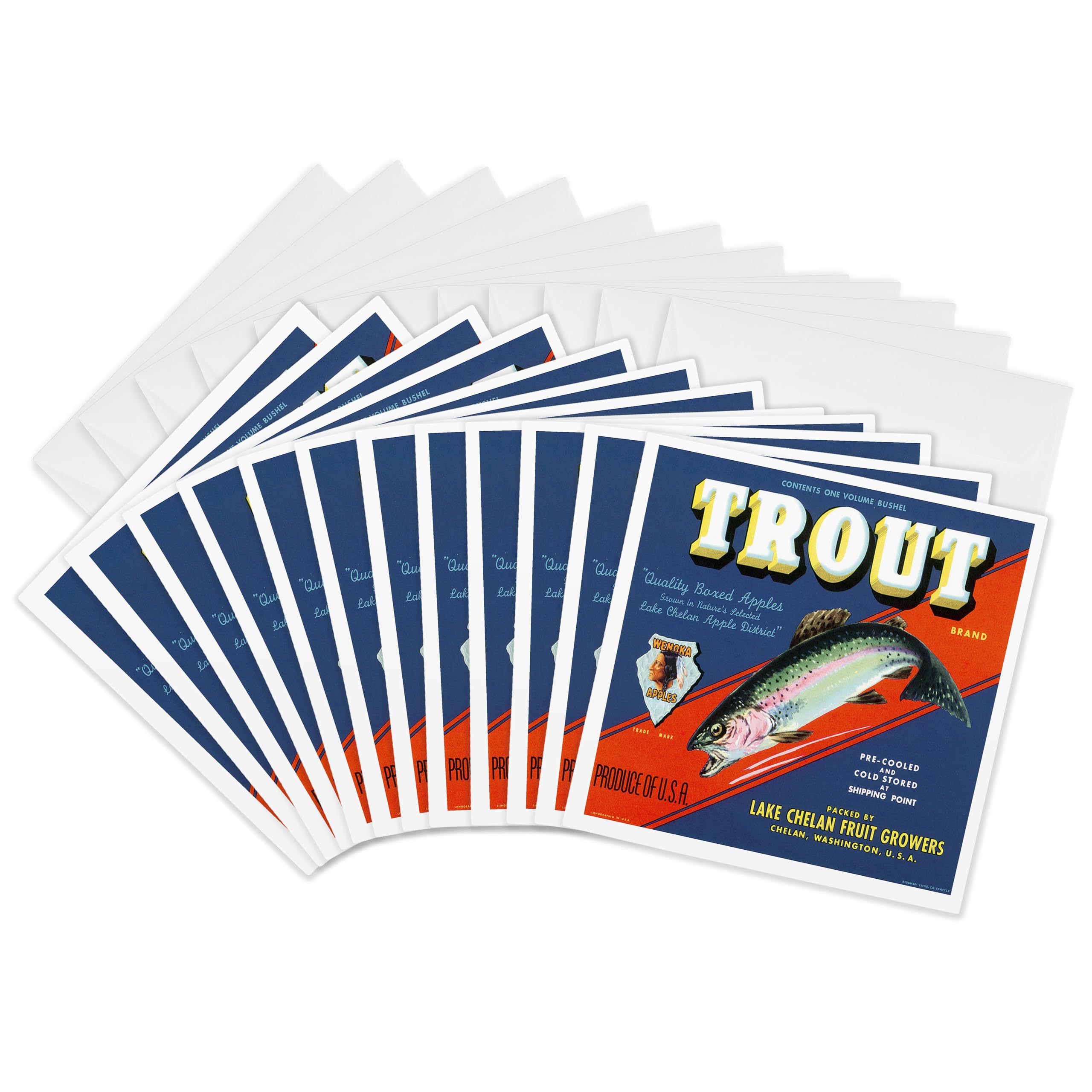 3dRose gc_171142_2 6 x 6-Inch "Trout Brand Wenoka Apples with a Rainbow Trout and Native American" Greeting Card (Set of 12)