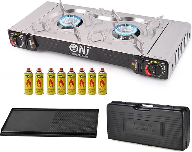 NJ SG-2 Portable Camping Gas Stove Double Burner BBQ Cooker Butane Outdoor Grill Plate Carry Case