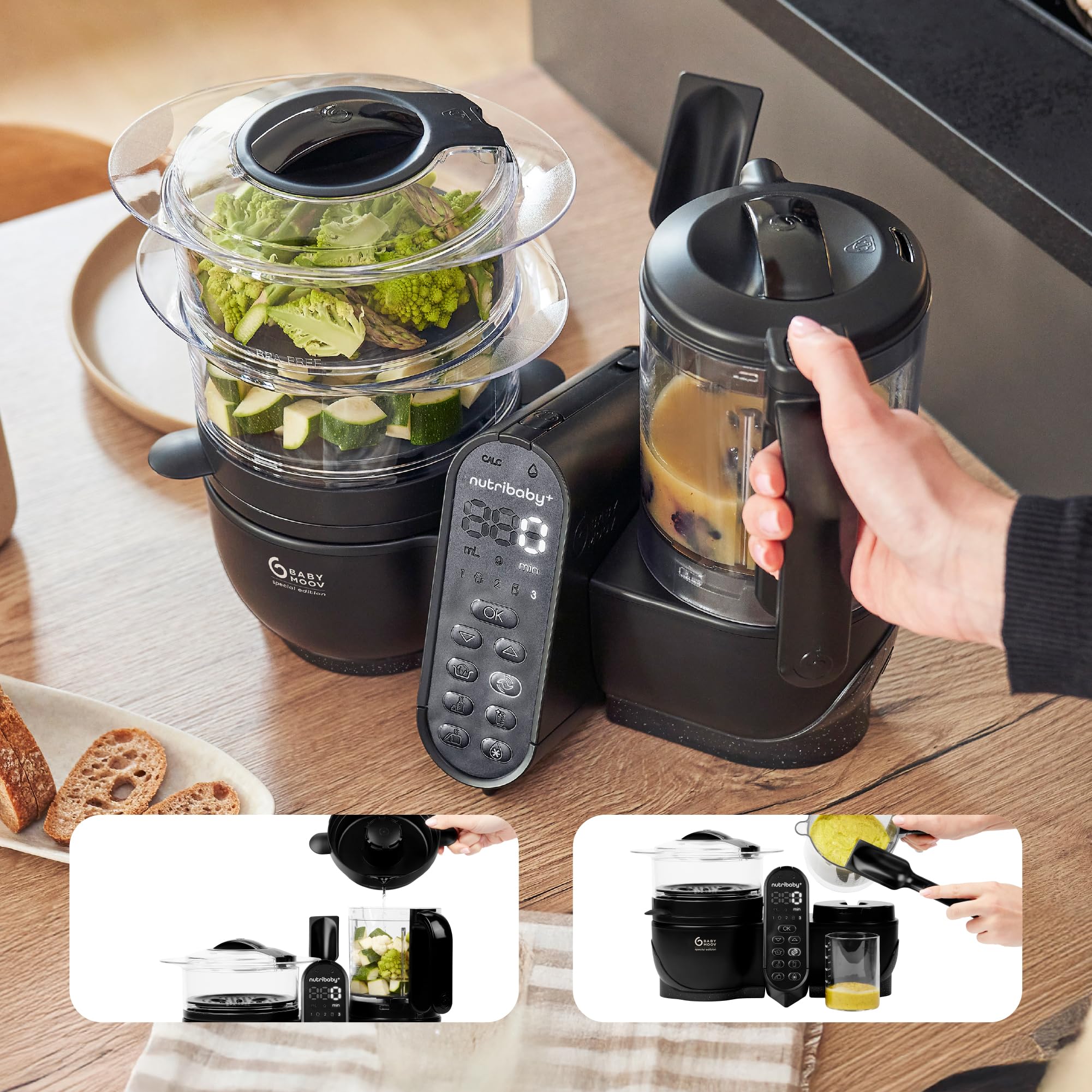 Babymoov Nutribaby(+) XL - Robot Multifunción 6 en 1, Vaporera, Batidora, Gran capacidad de 2,9 l, Óptimo para la Cocina por Lotes, Negro