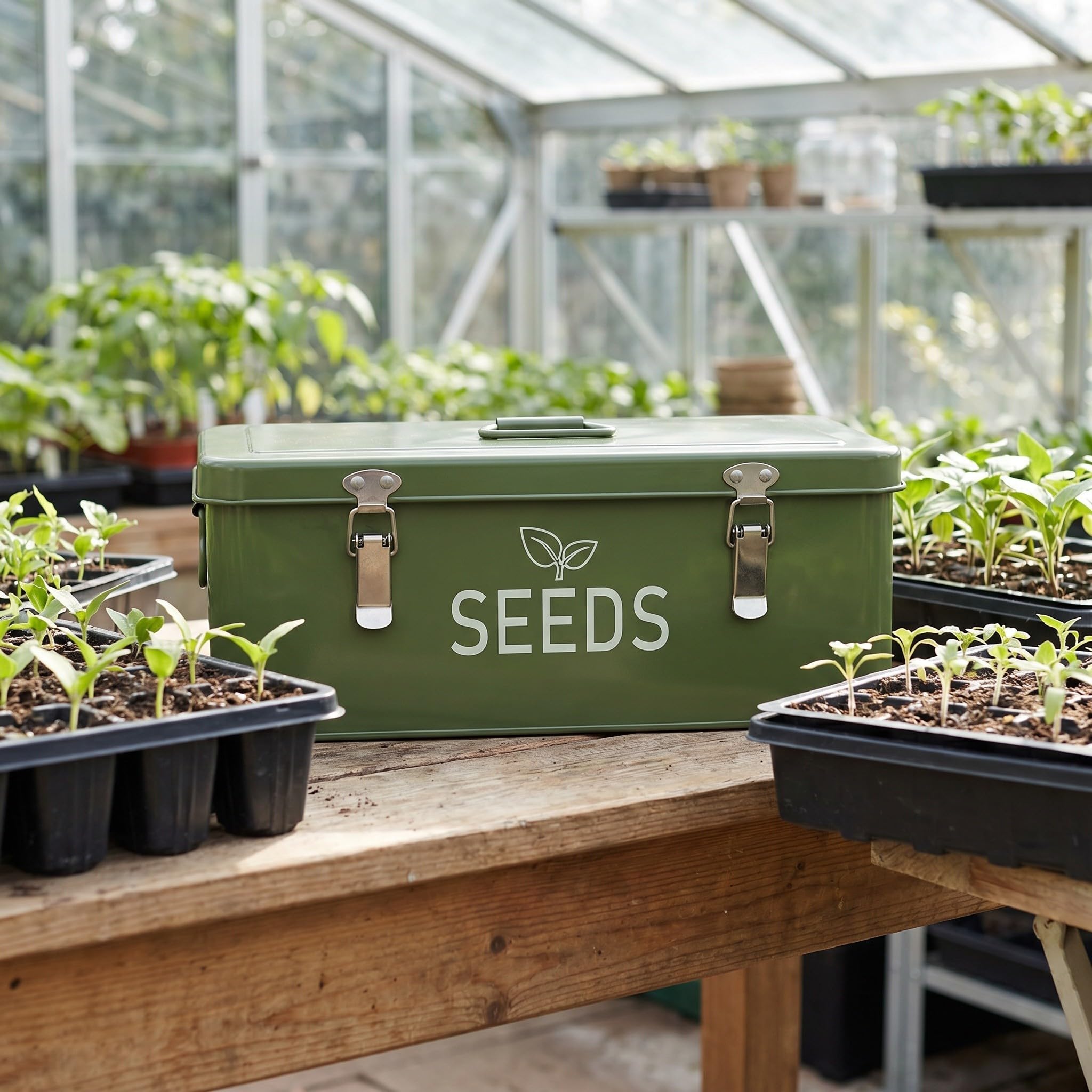Toyvian Saatgut Aufbewahrungsbox aus Eisen mit Klappbarem Deckel Tragbar mit Griff Sicher Verschließbar für Gartenwerkzeuge und Samenlagerung Größe 33,5x18,5x12,5 Cm