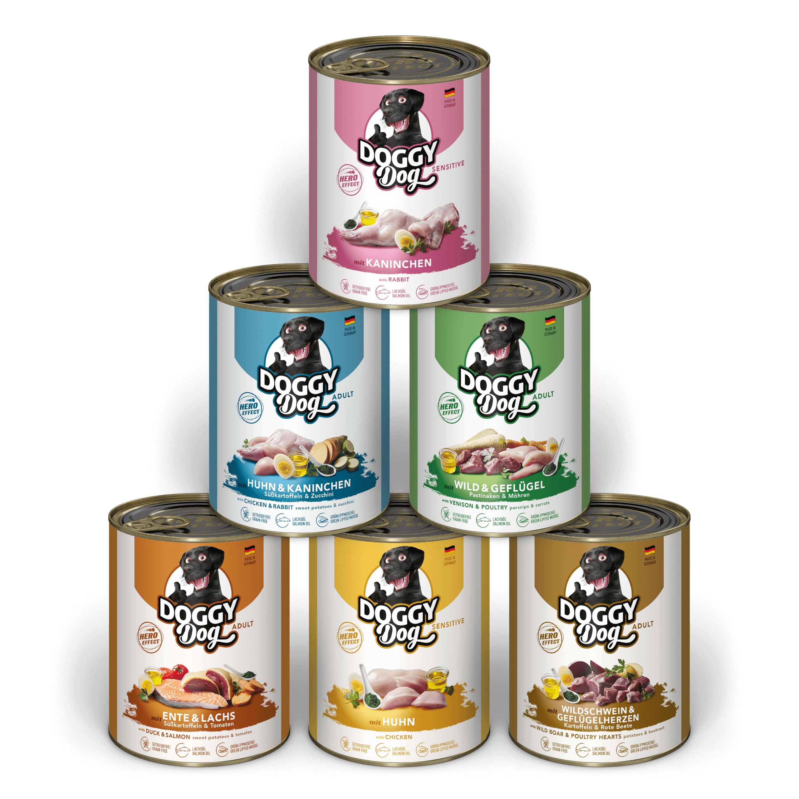 Doggy Dog Paté Mix 2, 6 x 800 g, Nourriture Humide pour Chien, dans Un Paquet d'essai, Nourriture pour Chien sans céréales, avec Huile de Saumon et Moule aux orles Vertes, Aliment Complet à Haute