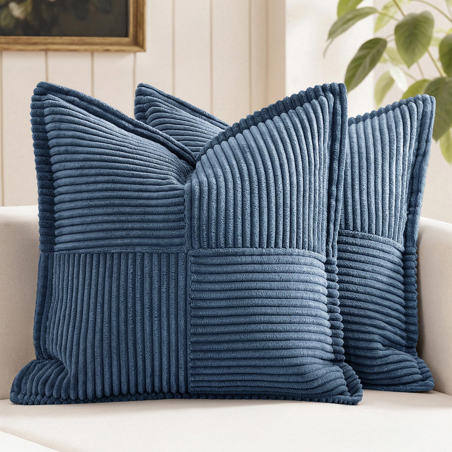 MIULEE Decorative Throw Pillow Covers for Couch 18x18 Inch Blue 2 Pack | Boho Broadside Striped Patchwork Pillow Covers, Soft Corduroy Cushion Cases, For Sofa Bed Livingroom Home Decor