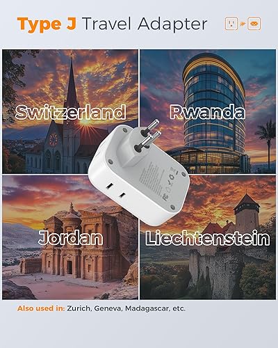 Miniatura 2 de TESSAN Switzerland Travel Plug Adapter, Type J Switzerland Power Adapter with 4 Outlets 3 USB (2 USB-C), Swiss Plug for US to Rwanda Jordan