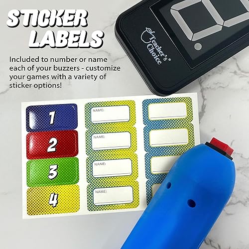 Miniatura 9 de Teacher's Choice Sistema de zumbador inalámbrico de mano para 4 jugadores, muestra el primer zumbido, ideal para juegos de riesgo, disputa familiar,