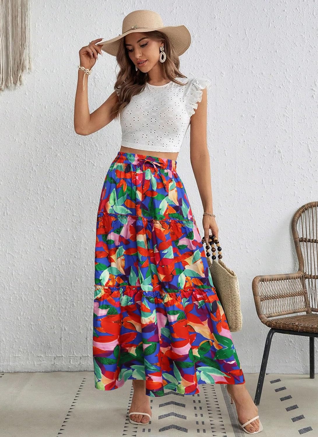 POPZONE Women Maxi Skirt Floral Boho Tiered Fall Summer Flowy Skirts Casual High Waist Long Skirts for Women - Image 5