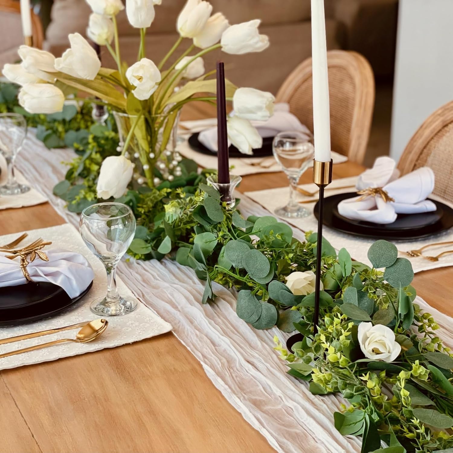 CQURE 7Pcs Eucalyptus Garland,Artificial Eucalyptus Leaves Table Greenery Garland Wreath Vines for Wedding Party Table Fireplace Bedroom Wall Room Decor