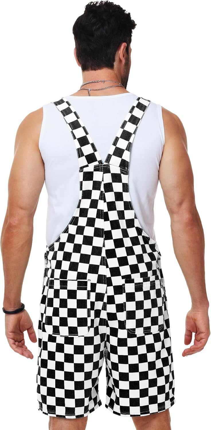 Mens Checkered Bibs Overalls Cotton Denim Jeans Jumpsuits - Image 7