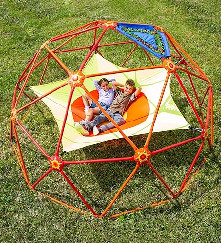 HearthSong Sunrise - Cúpula de escalada geométrica con hamaca de estrellas y dos sillas de red elástica, aprox. 10 pies de diámetro x 5 pies de