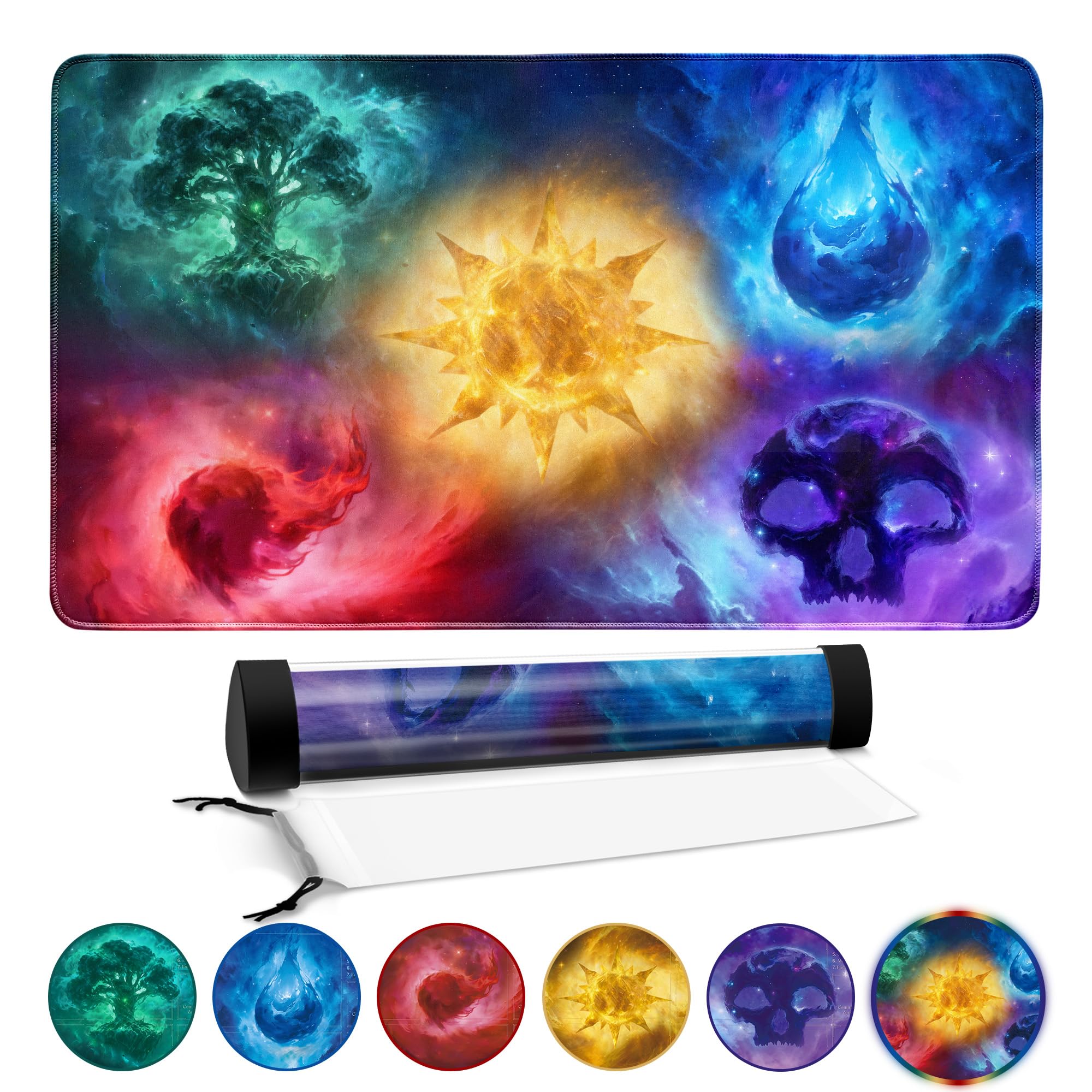 FROGIGO Nebula Elemental Playmat for MTG – 24"x14" Cosmic Fantasy Game Mat with Prismatic Playmat Tube, Non-Slip Rubber, Five Mana Colors Universe Design for Magic The Gathering