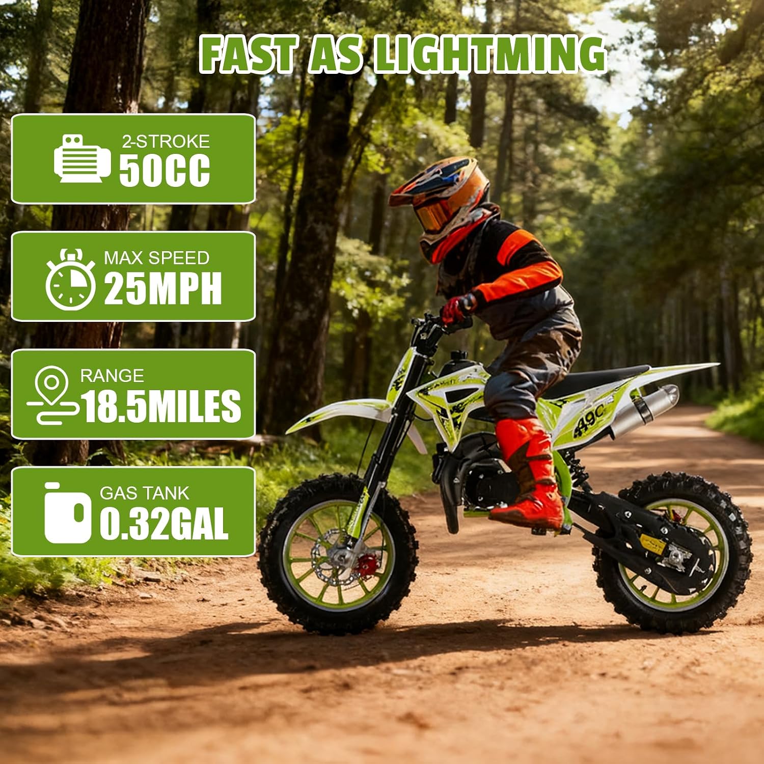 Kids Dirtbike Gas Pitbike, 2 Stroke Dirt Bike 50cc for Kids 10-14, Mini Dirt Bike Gas Powered Motorbike w/Dual Suspension & Dual Disc Brake