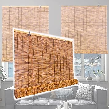 Bamboo Roller Shades for Patio Indoor/Outdoor, Cordless Roll Up Bamboo Window Blinds, Sun Shade, 27W 40W 48W 56W Retro Reed CurtainsW39xH107in/W100xH270cm