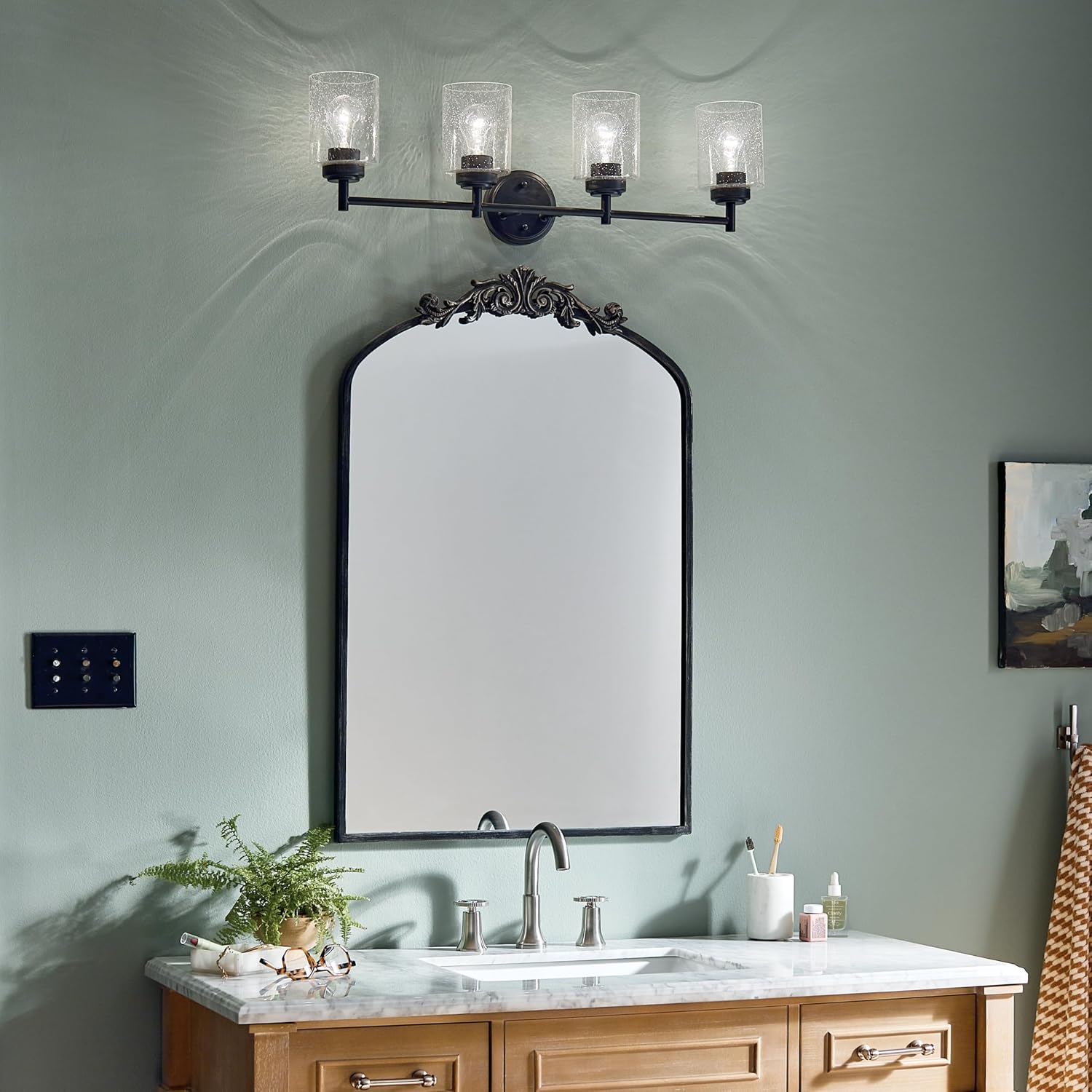 Kichler Winslow 30" 4-Light Bathroom Vanity Light Fixture with Clear Seeded Glass in Black, Modern Industrial Style for Bathroom and Powder Room, (30" x 9.25" x 6.5"), 45887BK