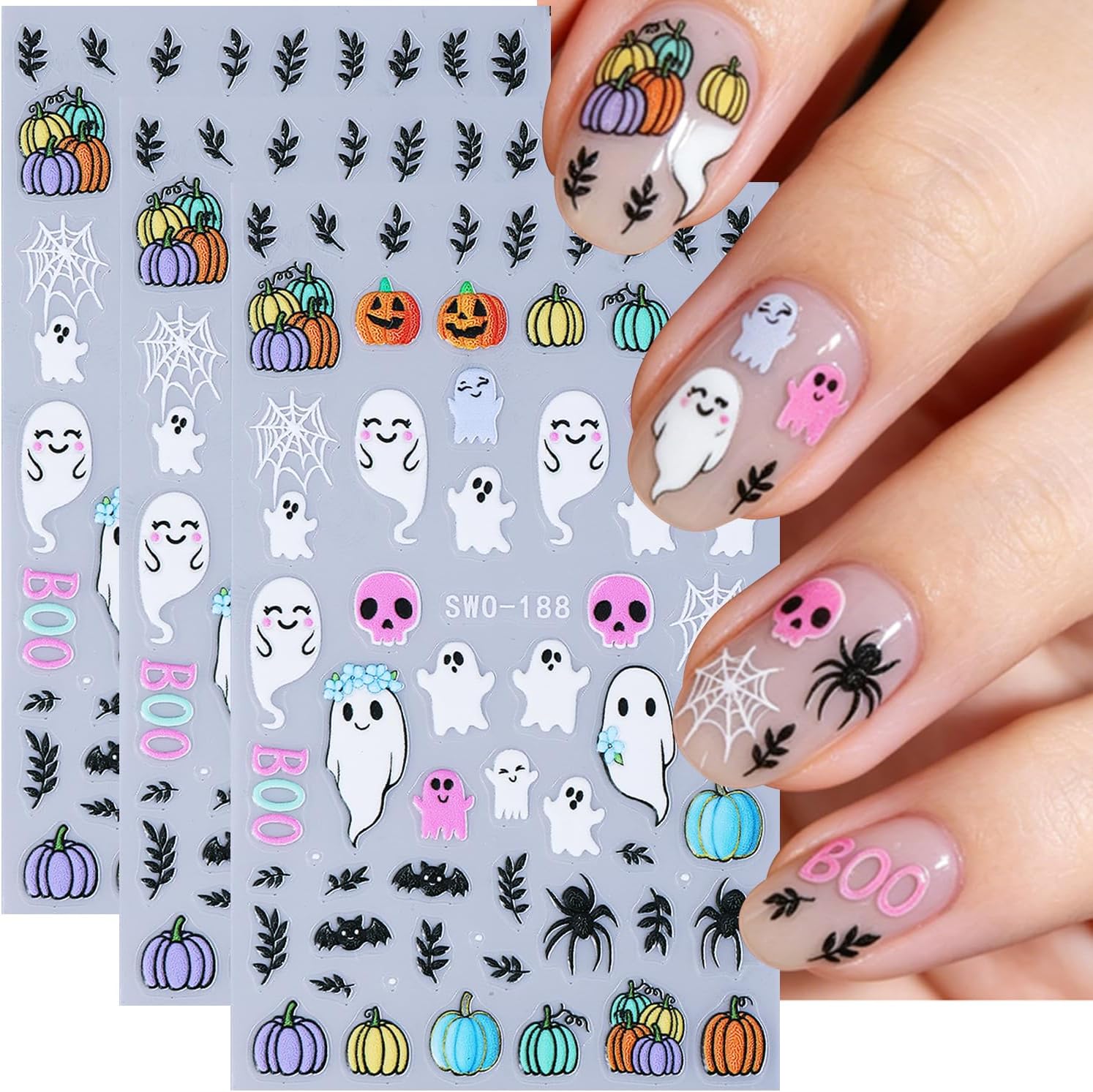 yefiuo Halloween Nail Stickers Cute Ghost Nail Decals 3Pcs Spider Pumpkin Bat Skull Design 3D Self-Adhesive Nail Art Stickers Decorations Nail Supplies for Women Halloween DIY Manicure Decor