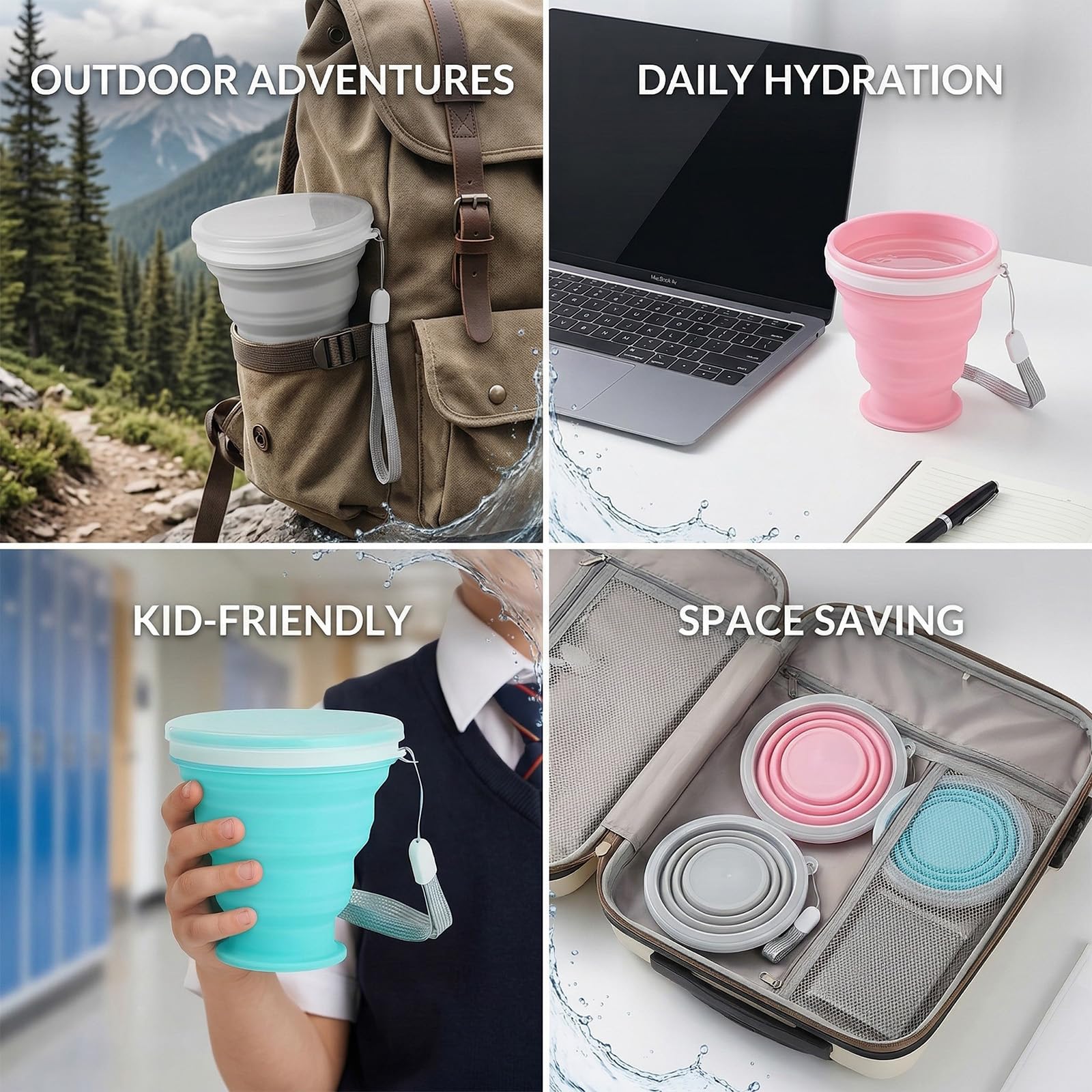 3 Pezzi Tazza Pieghevole 200ml, Tazza da Viaggio in Silicone Alimentare con Coperchio in Plastica, Portatile & Riutilizzabile, Ideale per Esterno, Viaggio, Escursione, Pic-Nic & Ufficio