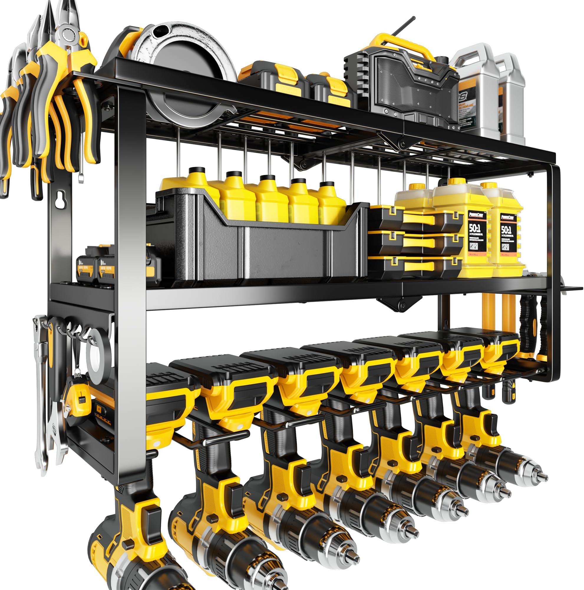 Hipidian Heavy Duty Power Tool Organizer Wall Mount - 300lb Capacity 3-Tier Storage Rack with 7 Drill Holders for Garage Workshop Tools