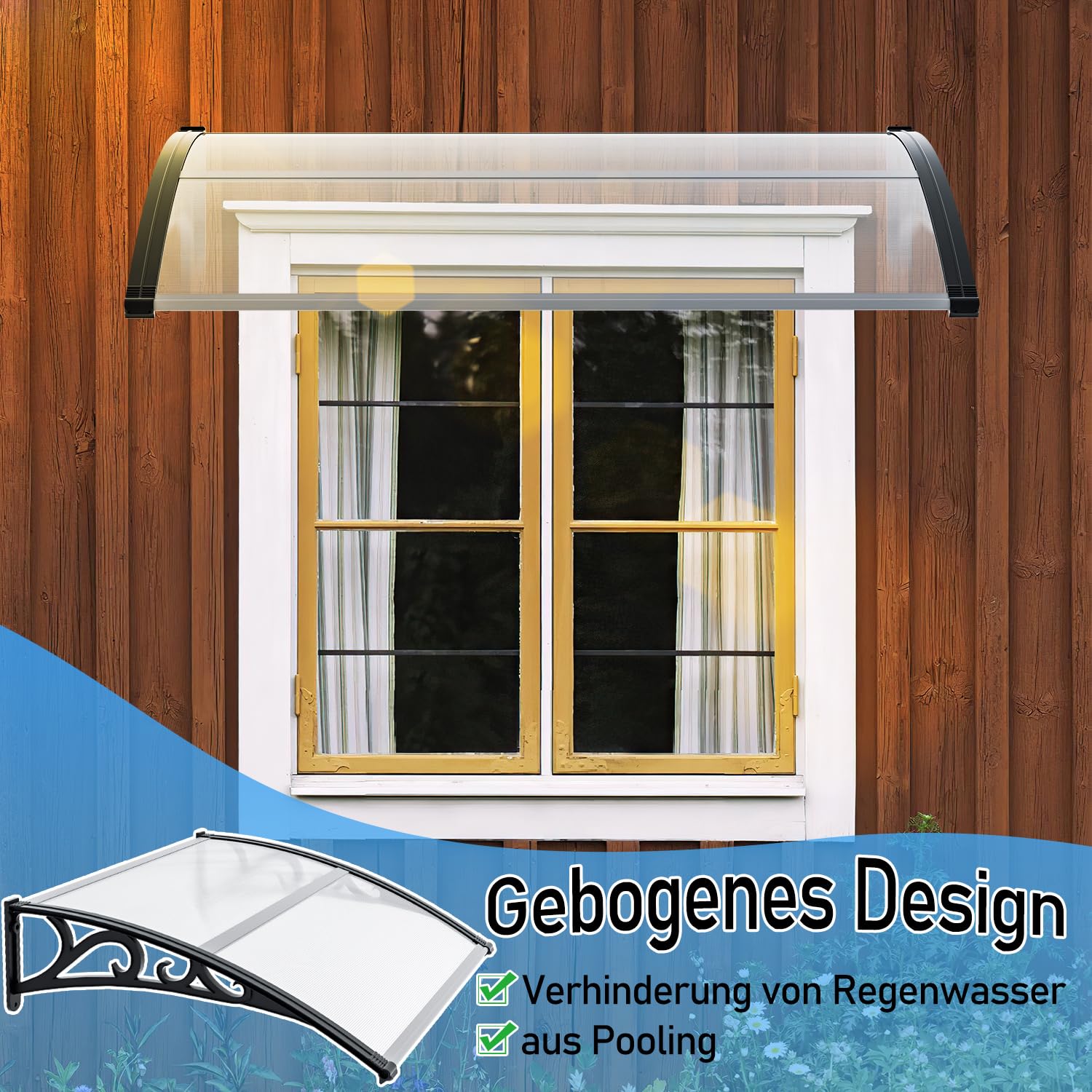 Vordach für Haustür 100x120 cm, Pultbogenvordach aus Transparentem Polycarbonat 5.2 mm mit Aluminiumrahmen, Türdach außen Wetterfest, Regen- Schnee- und UV-Schutz