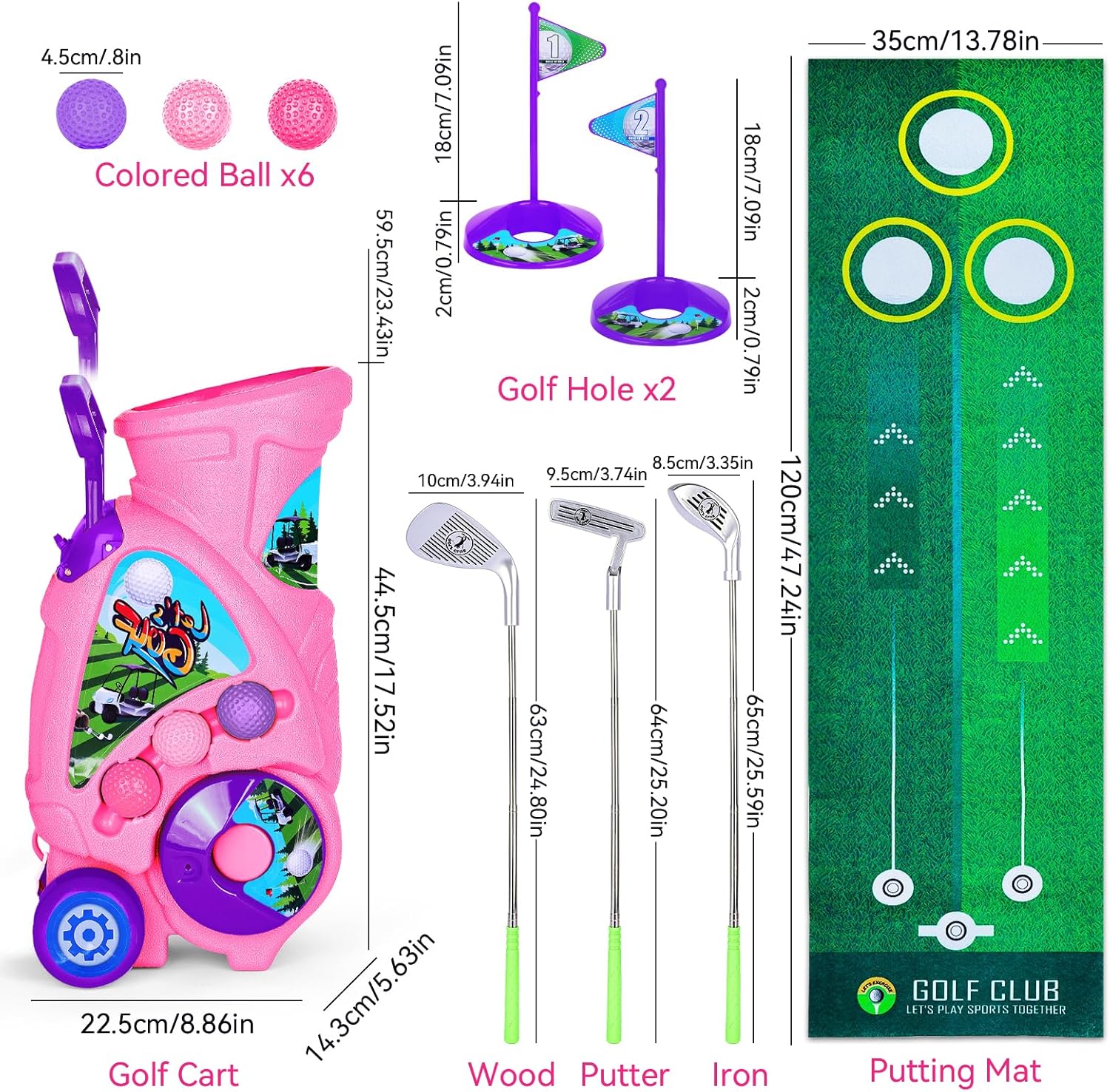 Toddler Golf Set with Shoulder Strap for Kids Ages 2-5, Portable Golf Clubs, Cart & Putting Mat - Indoor Outdoor Sports Toys -Pink