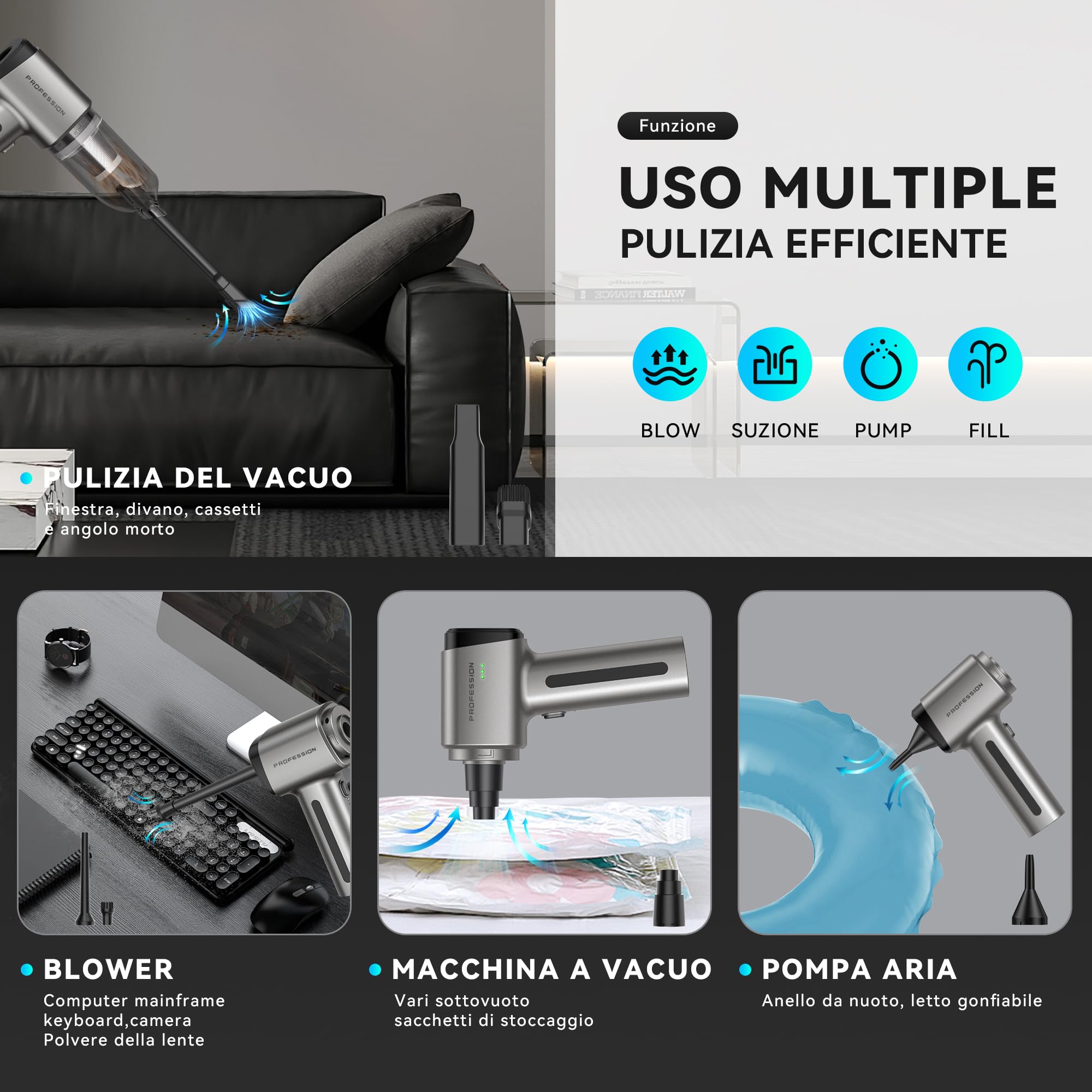Aspirabriciole Senza Fili | 28000Pa Aspirapolvere Auto Potente │ Mini Portatile per Casa Auto Animali (Grigio)