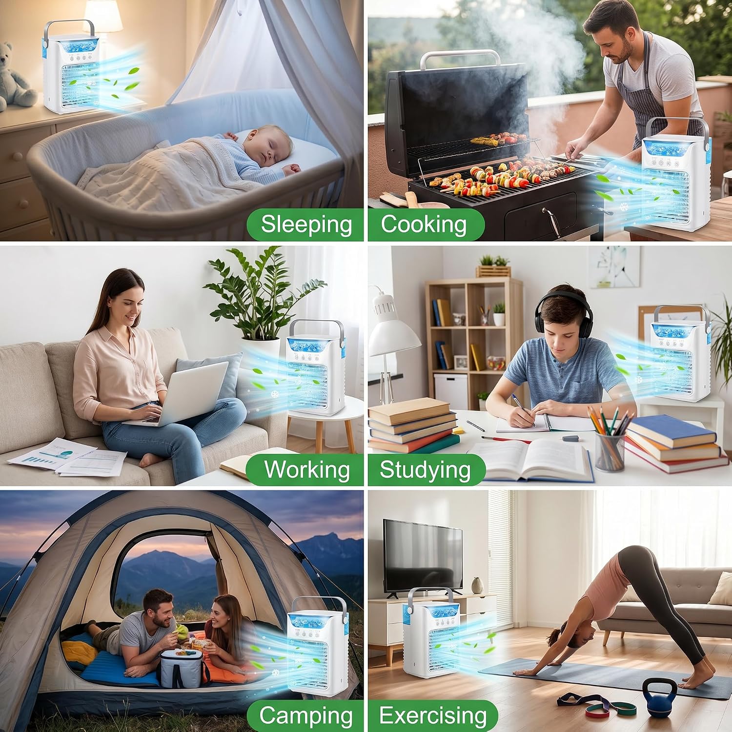 Portable Air Conditioner, 4-in-1 Air Conditioner, 3 Speed, 2 Cold Fog, 3 Automatic Mini Air Conditioner, Portable Air Cooler Humidifier with 700ML Water Tank for Bedroom, Office, Desk