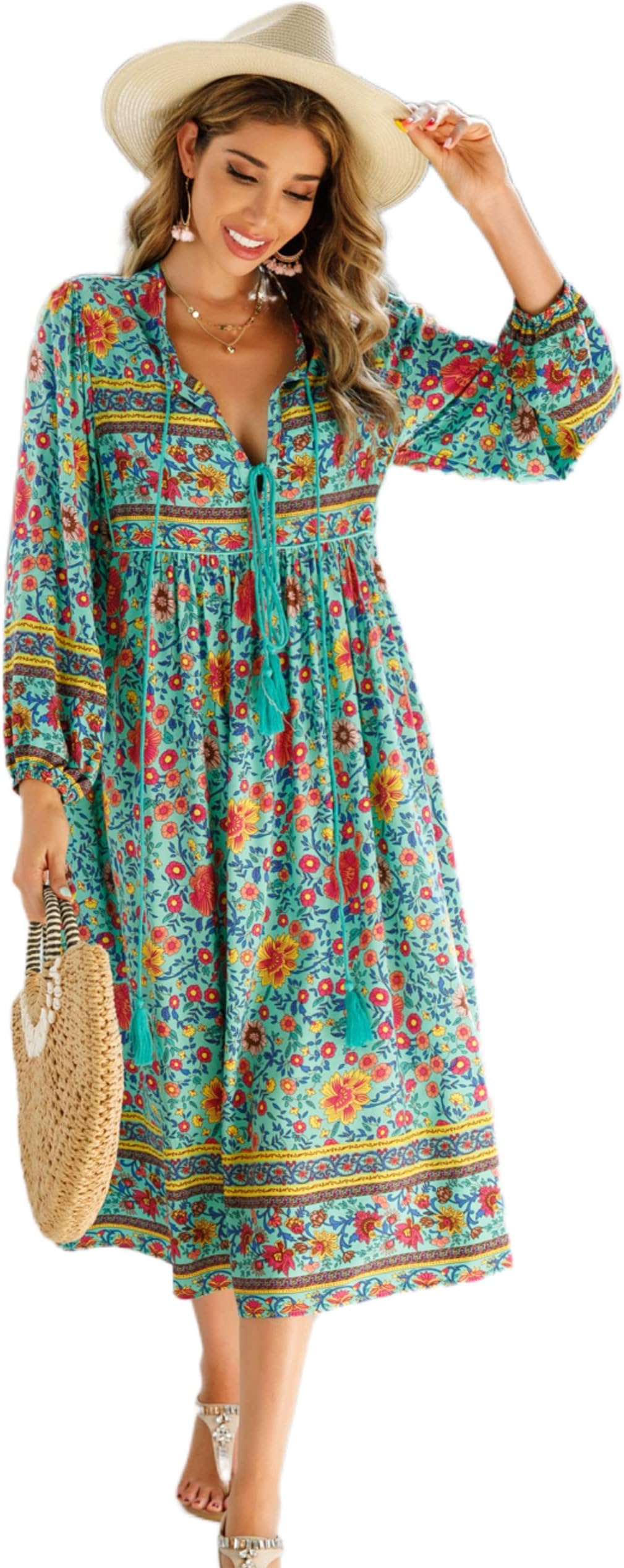 Women's Long Sleeve Floral Print Retro V Neck Tassel Bohemian Midi Dresses