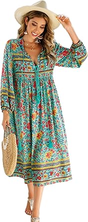 R.Vivimos Women's Long Sleeve Floral Print Retro V Neck Tassel Bohemian Midi Dresses
