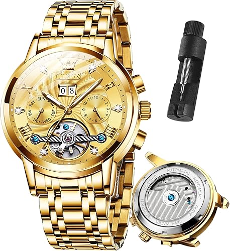 OLEVS Reloj mecánico para hombre, relojes clásicos de plata para hombres, reloj de acero inoxidable impermeable con números romanos para hombre,