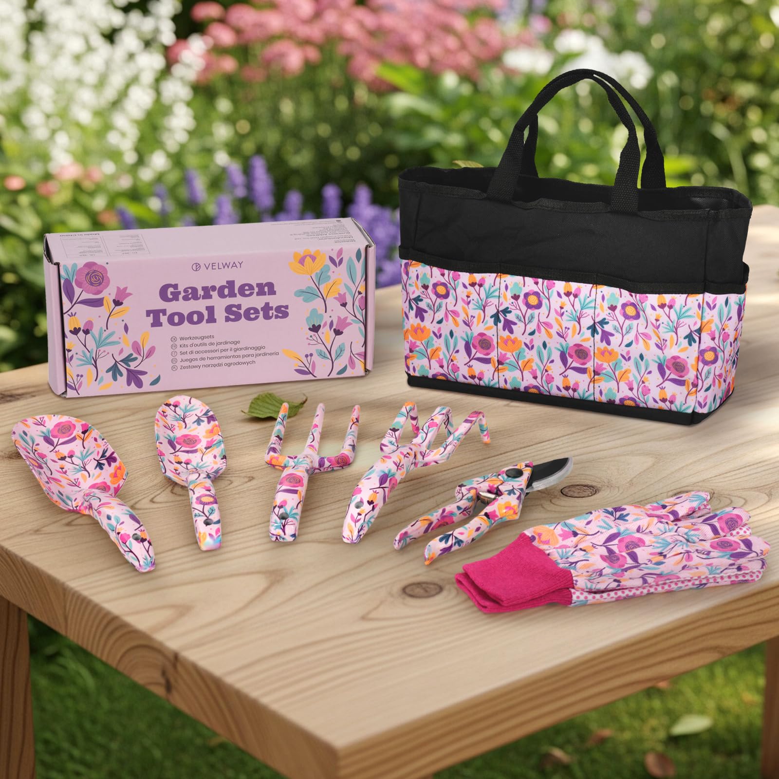 Velway Ensemble d’Outils de Jardinage 7 Pièces – Outils de Jardin à Motif Floral en Métal avec Gants, Sac de Rangement & Coffret pour Femmes, Fête des Mères, Noël, Anniversaire