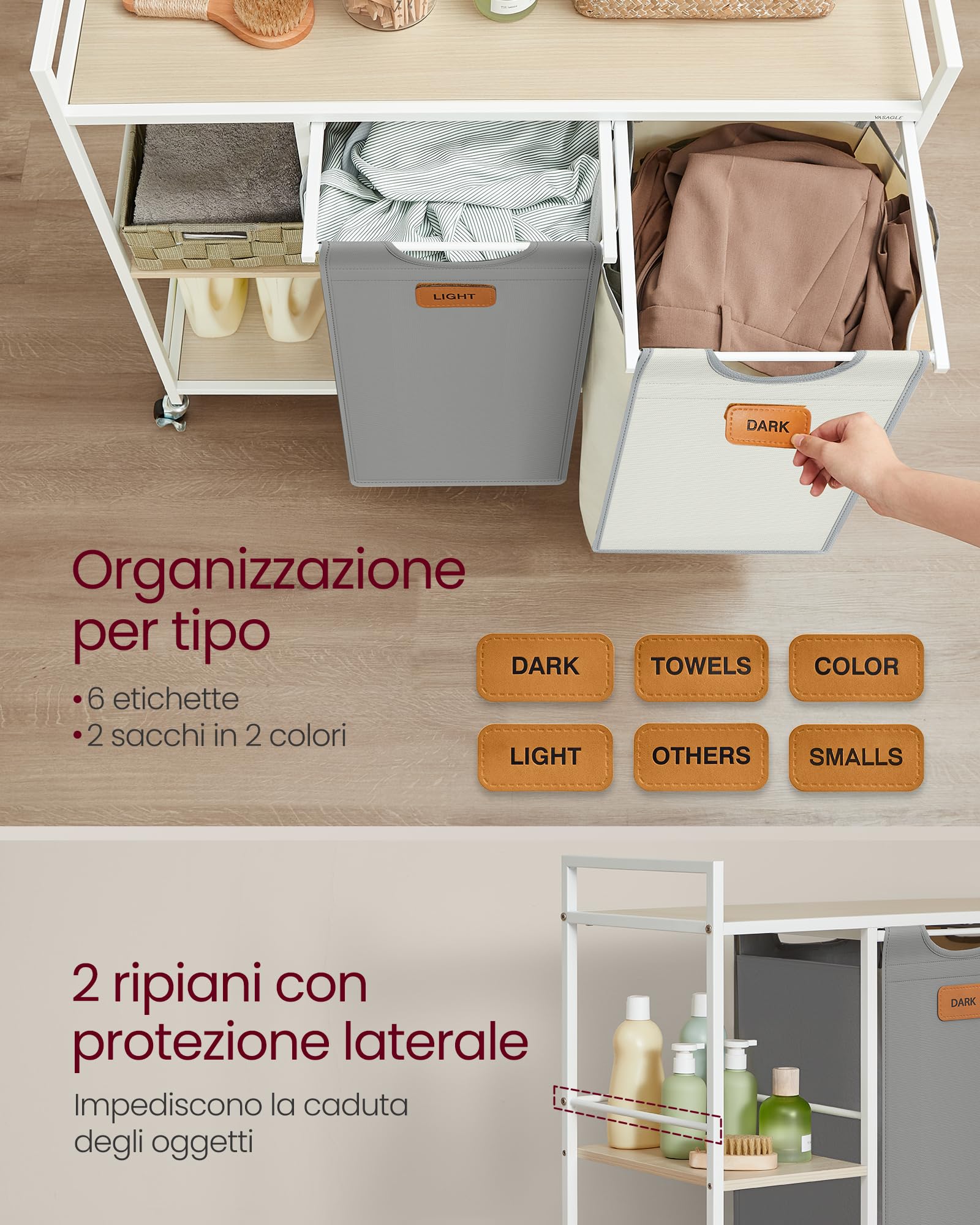VASAGLE Cesto Portabiancheria a 2 Scomparti, 100 L, Sacchi Rimovibili | Carrello per Biancheria, con Ripiani, 6 Etichette, Beige Naturale, Grigio Tortora, Bianco Crema, Collezione STEVIE BLH311G01