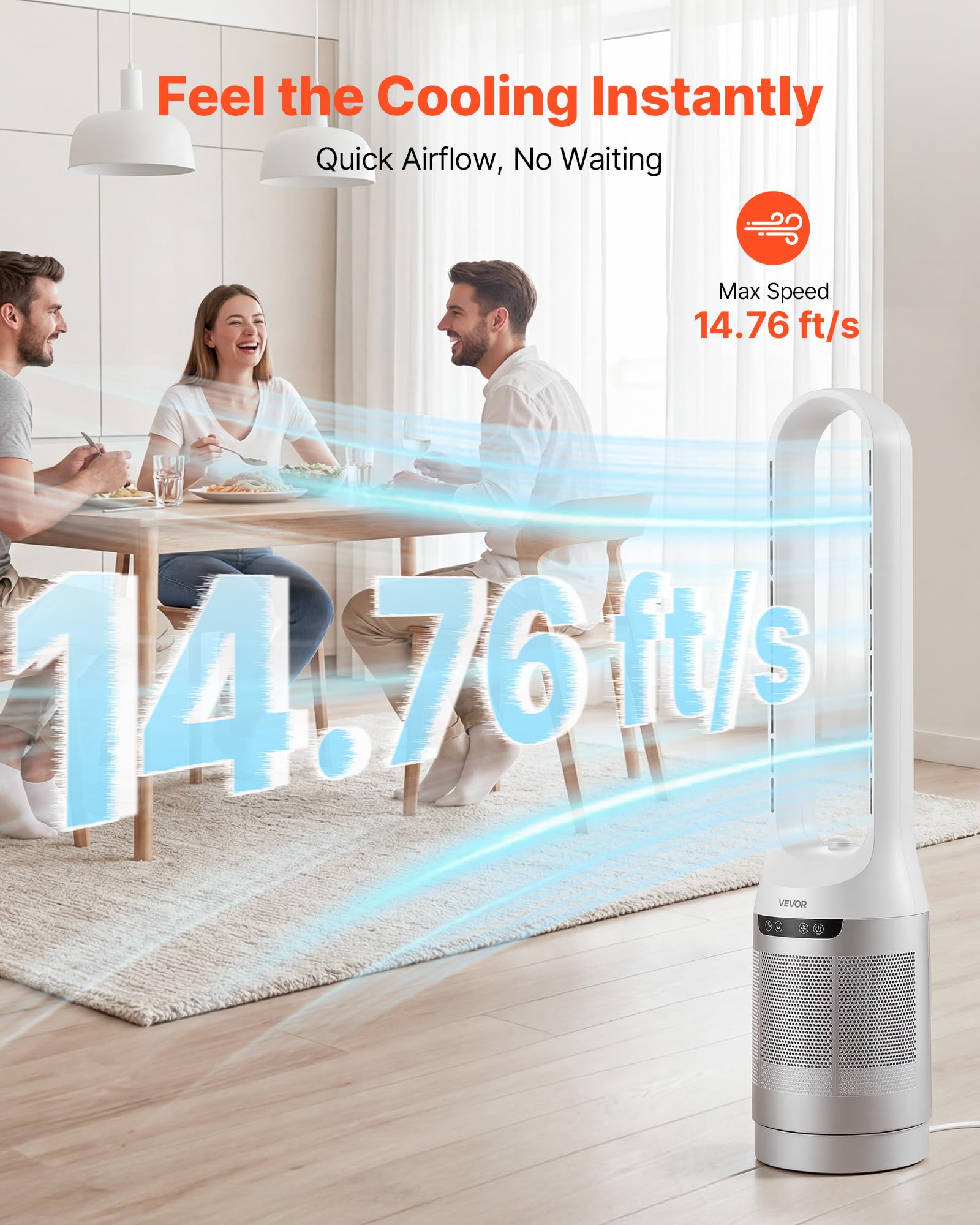VEVOR Ventilatore a Torre Senza Pale, Oscillazione 65°, Ventilatore a Colonna Senza Pale, 12 Velocità, 4 Modalità, Timer 8 Ore, Flusso d’Aria Potente 4,5 m/s, Silenzioso, per Camera da Letto Ufficio