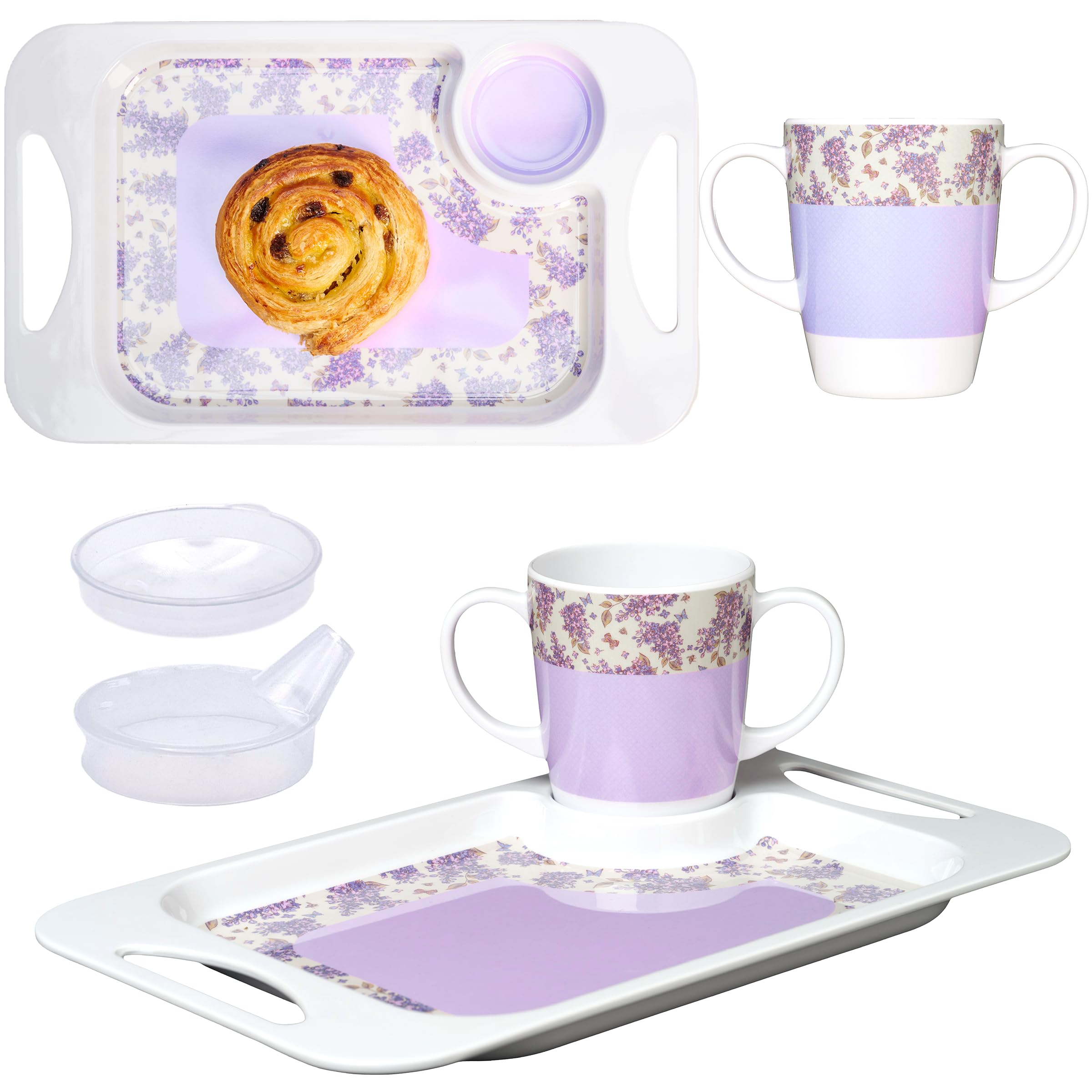 Schnabeltasse für Erwachsene, Becherdeckel und passendes Snack-Tablett für ältere Menschen. Fassungsvermögen: 400 ml, Tablett 33,8 x 20,6 cm, leicht, Melamin, perfektes Snack-Bundle