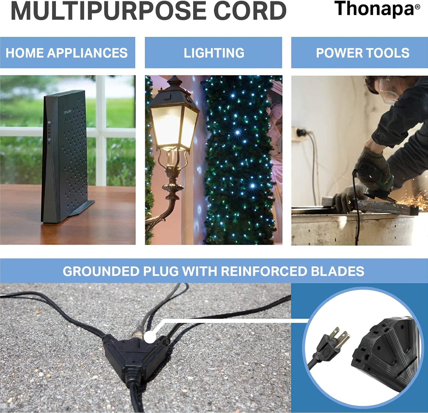 THONAPA 15 Amp Heavy Duty Extension Cord with 3 Outlets 10 Ft, 14 Gauge Extension Cord with Multiple Outlets 3 Prong SJTW for Outside, Weatherproof Black Outdoor Electrical Cable with Power Block